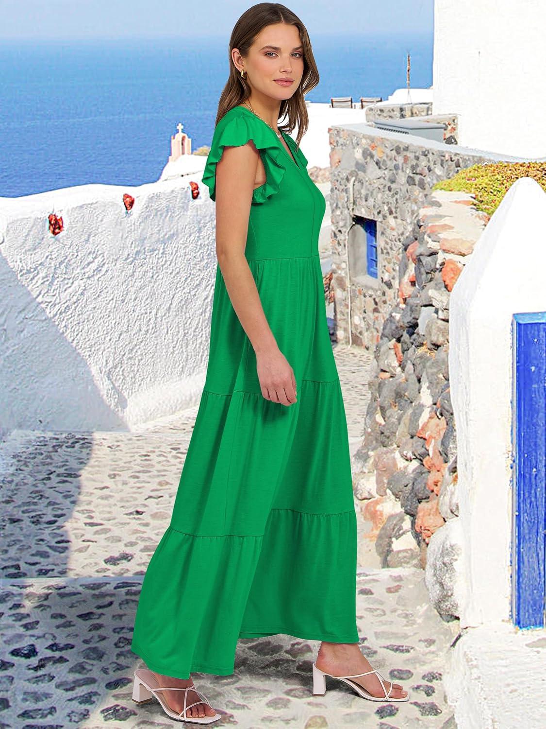 imageANRABESS Womens Summer Casual Maxi Dress V Neck Ruffle Sleeve Long Dresses Fashion Flowy Tiered Boho Beach Vacation SundressForest