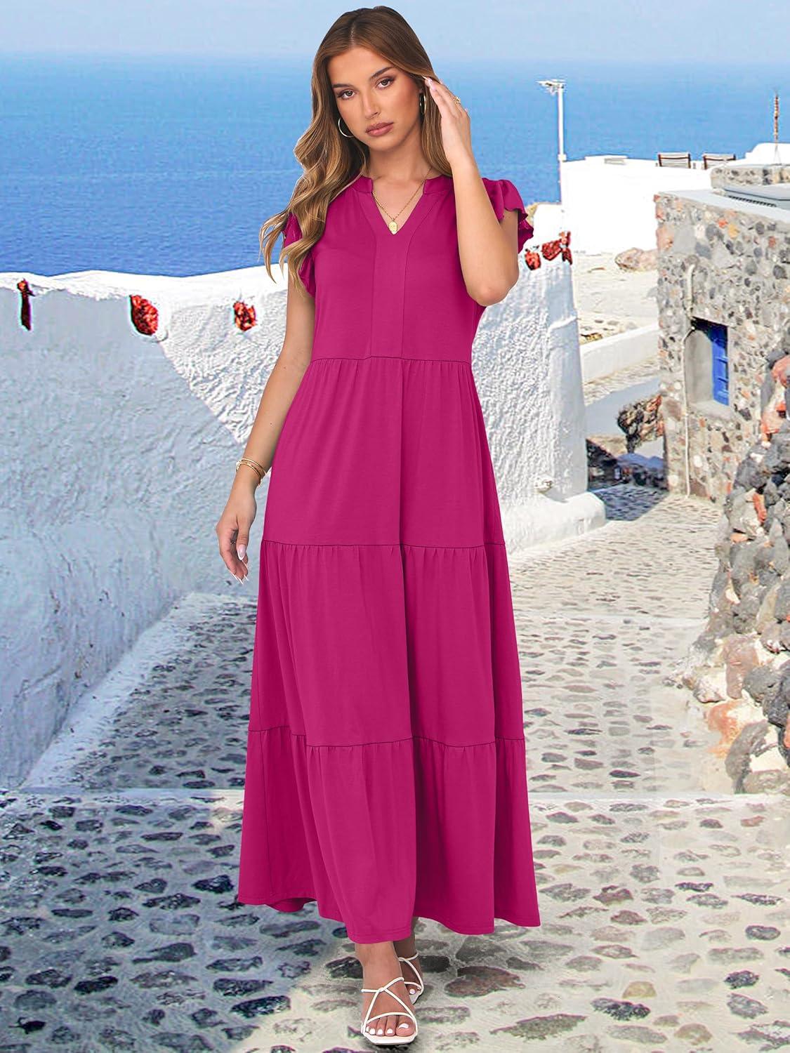 imageANRABESS Womens Summer Casual Maxi Dress V Neck Ruffle Sleeve Long Dresses Fashion Flowy Tiered Boho Beach Vacation SundressHot Pink