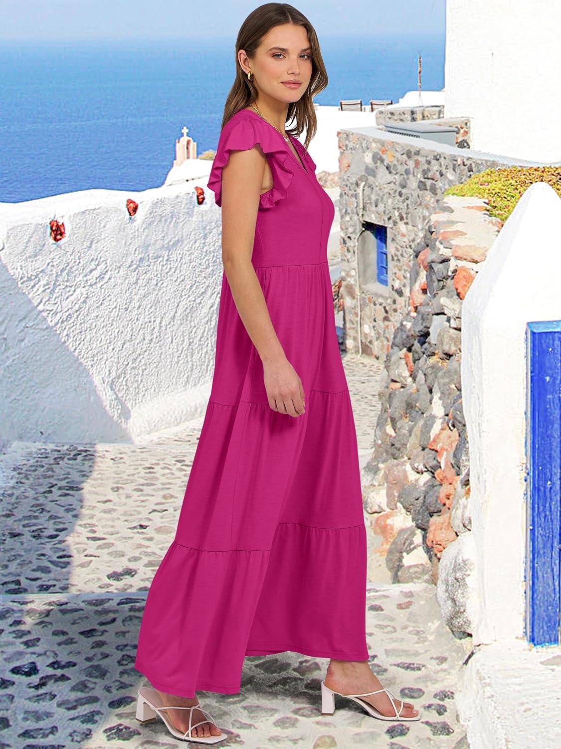 imageANRABESS Womens Summer Casual Maxi Dress V Neck Ruffle Sleeve Long Dresses Fashion Flowy Tiered Boho Beach Vacation SundressHot Pink