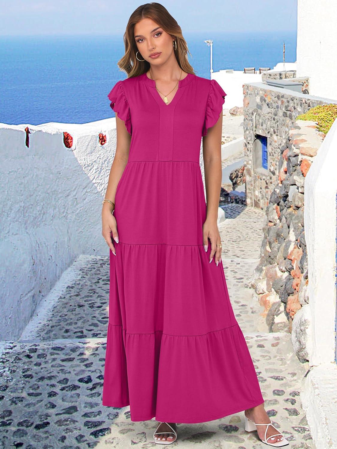 imageANRABESS Womens Summer Casual Maxi Dress V Neck Ruffle Sleeve Long Dresses Fashion Flowy Tiered Boho Beach Vacation SundressHot Pink
