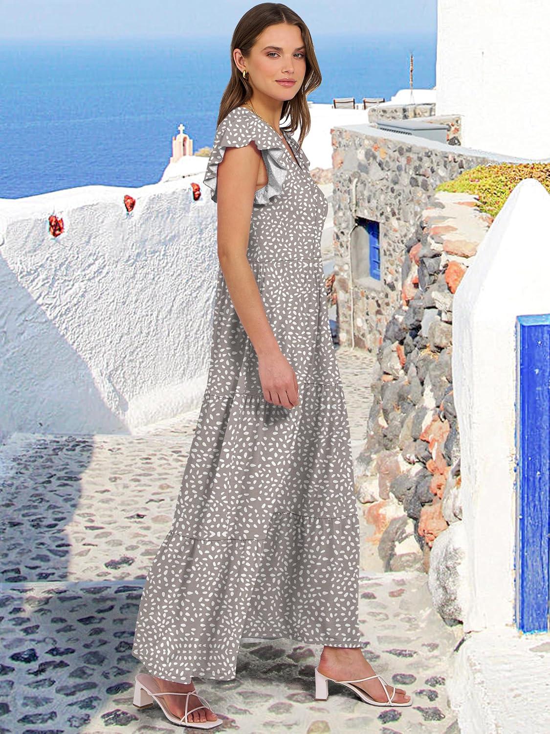 imageANRABESS Womens Summer Casual Maxi Dress V Neck Ruffle Sleeve Long Dresses Fashion Flowy Tiered Boho Beach Vacation SundressKhaki Polka Dot