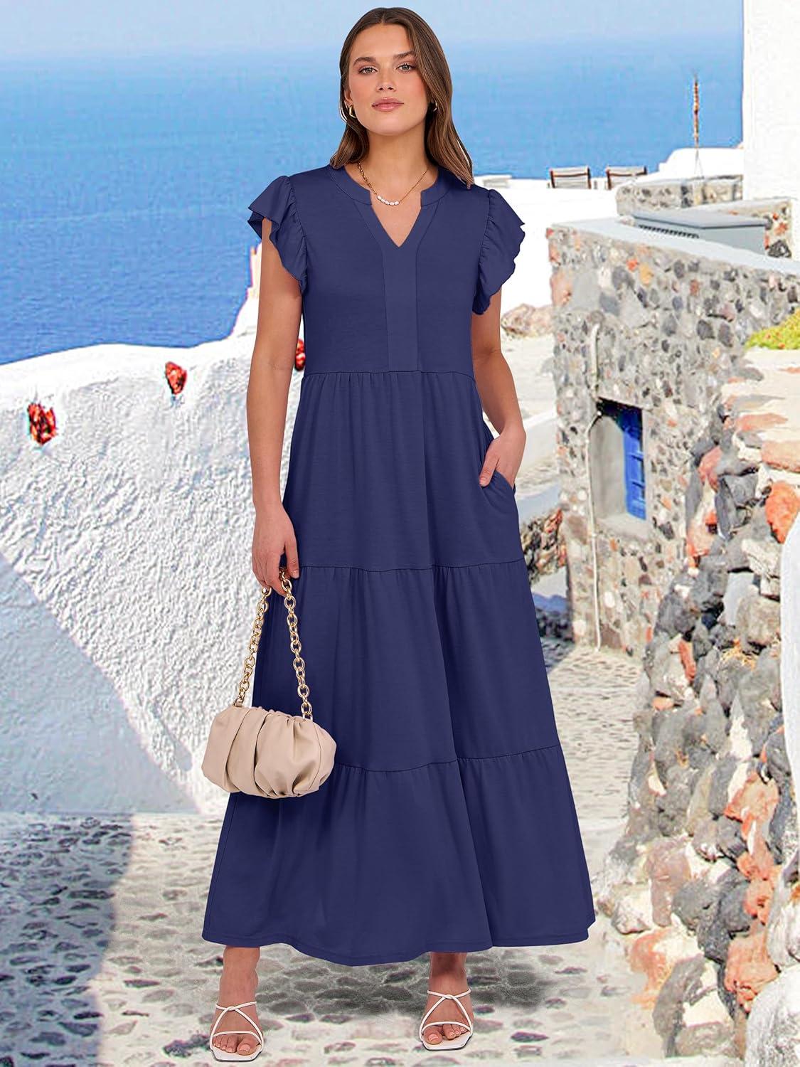 imageANRABESS Womens Summer Casual Maxi Dress V Neck Ruffle Sleeve Long Dresses Fashion Flowy Tiered Boho Beach Vacation SundressNavy Blue