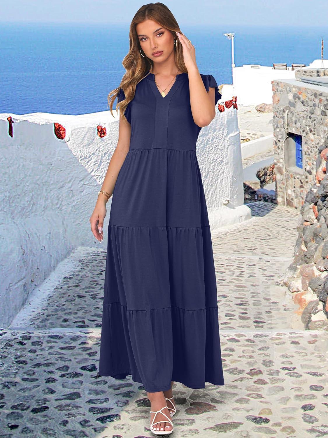imageANRABESS Womens Summer Casual Maxi Dress V Neck Ruffle Sleeve Long Dresses Fashion Flowy Tiered Boho Beach Vacation SundressNavy Blue