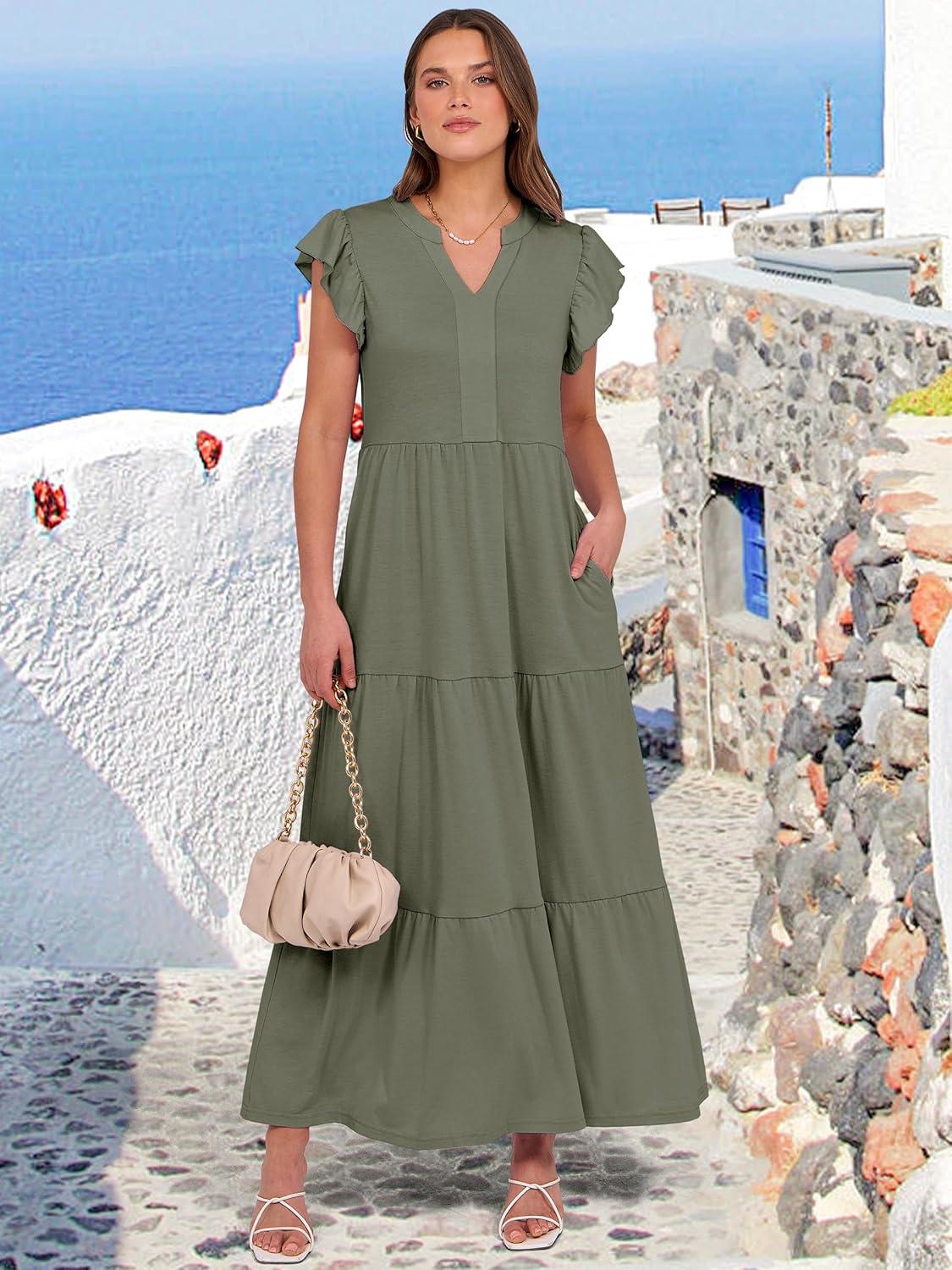 imageANRABESS Womens Summer Casual Maxi Dress V Neck Ruffle Sleeve Long Dresses Fashion Flowy Tiered Boho Beach Vacation SundressOlive
