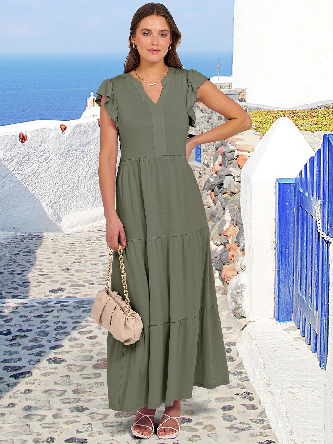 imageANRABESS Womens Summer Casual Maxi Dress V Neck Ruffle Sleeve Long Dresses Fashion Flowy Tiered Boho Beach Vacation SundressOlive