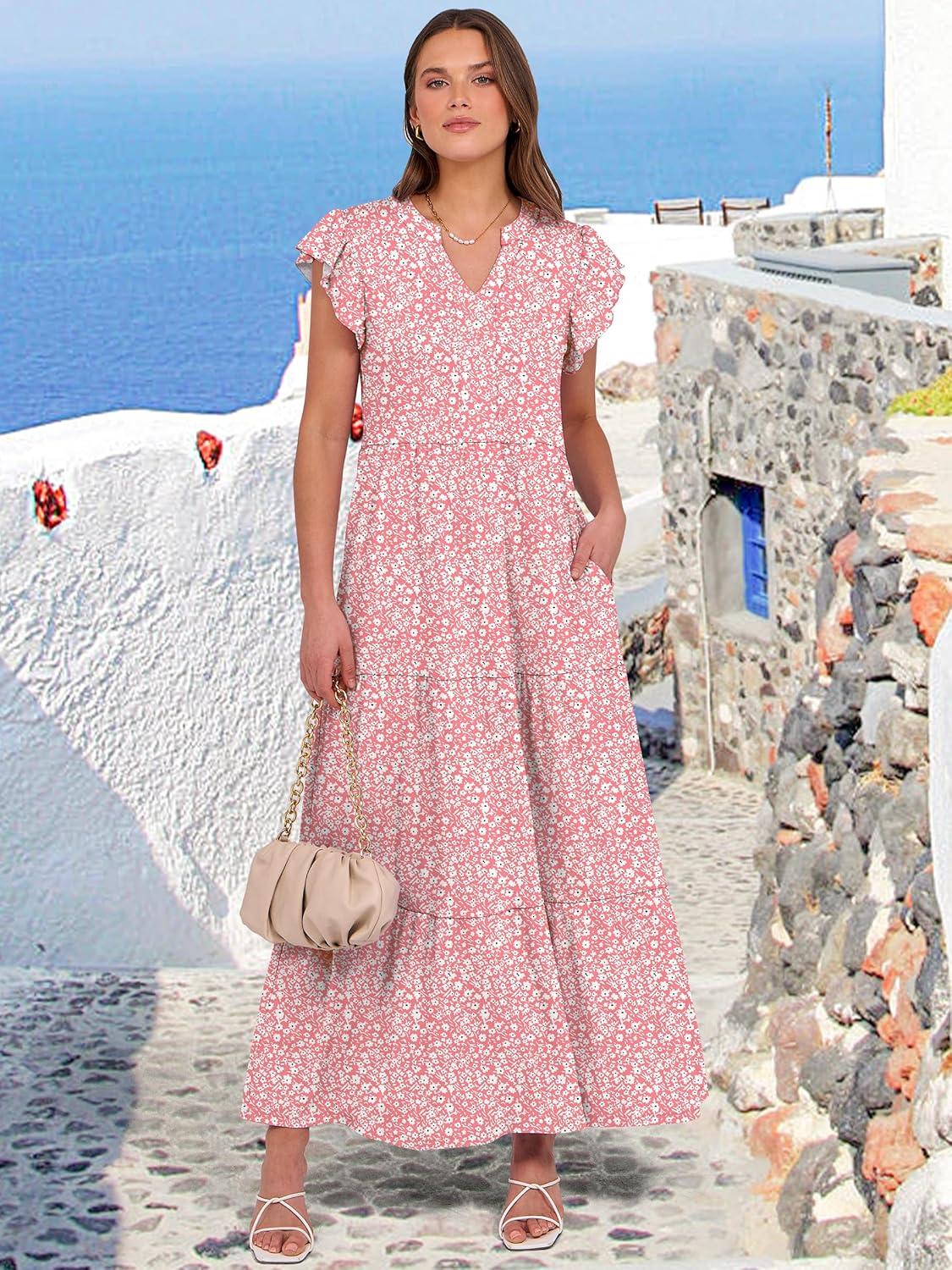 imageANRABESS Womens Summer Casual Maxi Dress V Neck Ruffle Sleeve Long Dresses Fashion Flowy Tiered Boho Beach Vacation SundressPink Floral