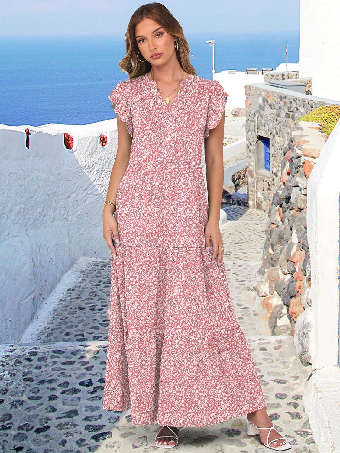 imageANRABESS Womens Summer Casual Maxi Dress V Neck Ruffle Sleeve Long Dresses Fashion Flowy Tiered Boho Beach Vacation SundressPink Floral