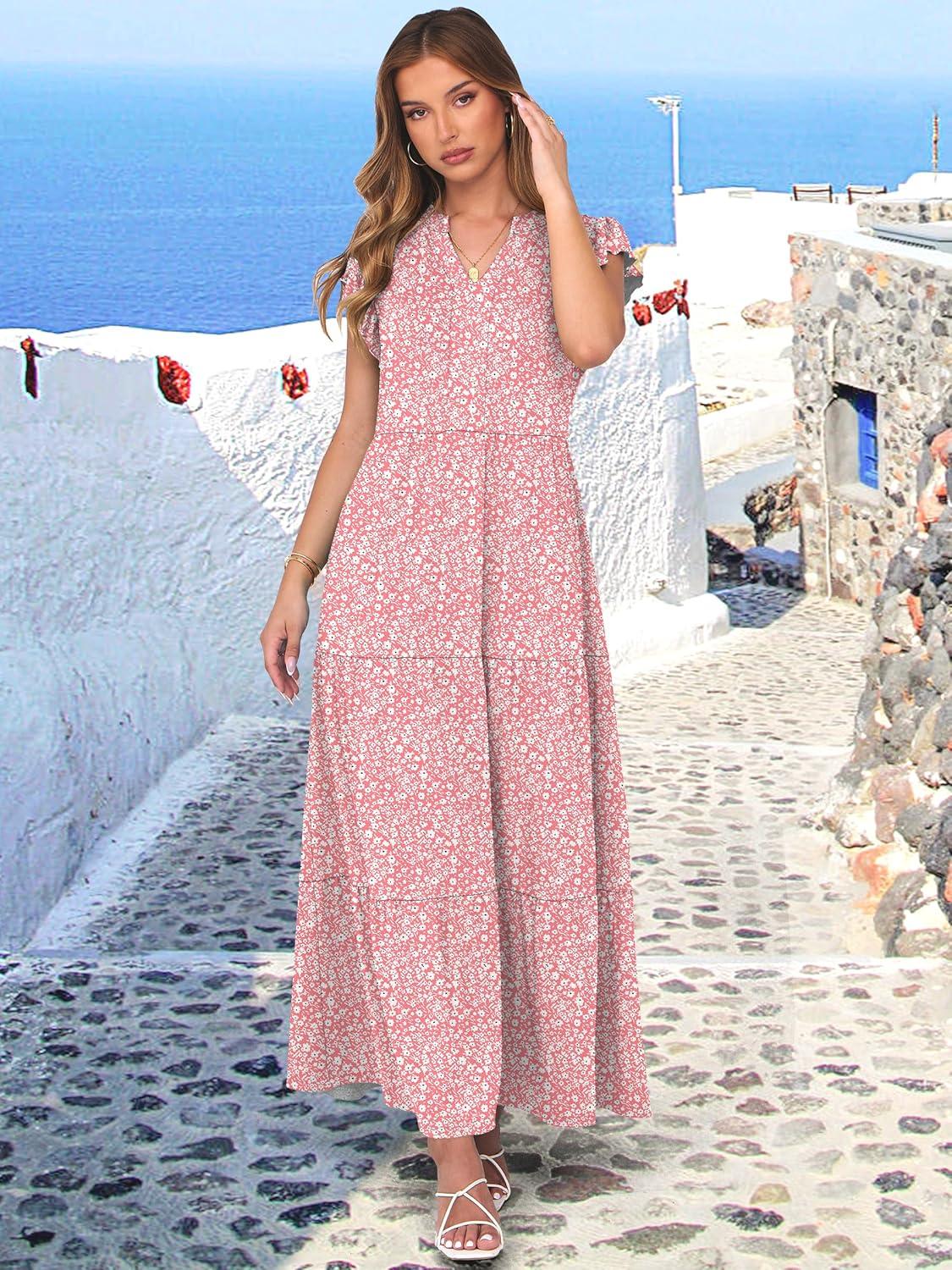 imageANRABESS Womens Summer Casual Maxi Dress V Neck Ruffle Sleeve Long Dresses Fashion Flowy Tiered Boho Beach Vacation SundressPink Floral