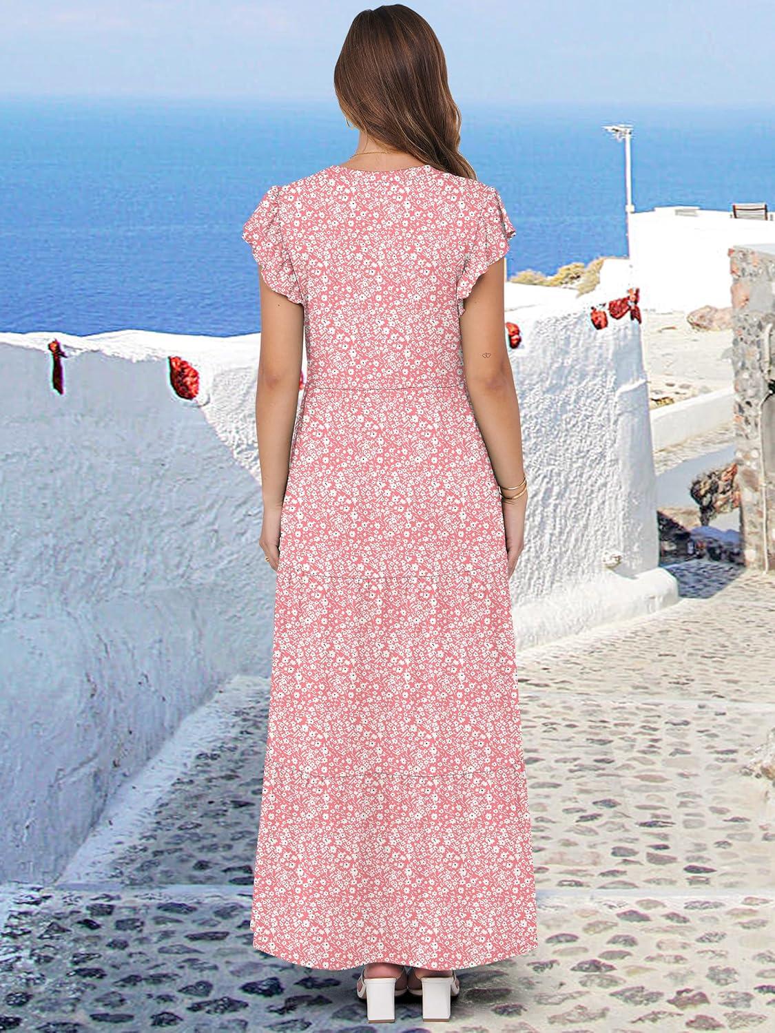 imageANRABESS Womens Summer Casual Maxi Dress V Neck Ruffle Sleeve Long Dresses Fashion Flowy Tiered Boho Beach Vacation SundressPink Floral