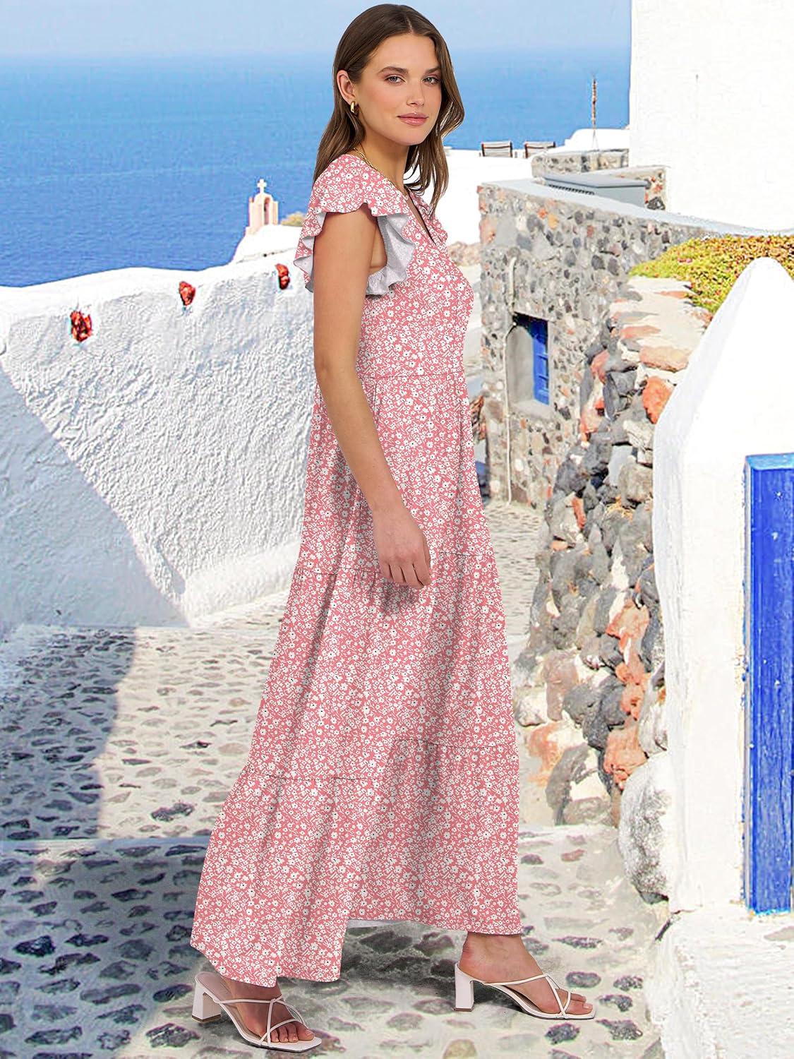imageANRABESS Womens Summer Casual Maxi Dress V Neck Ruffle Sleeve Long Dresses Fashion Flowy Tiered Boho Beach Vacation SundressPink Floral