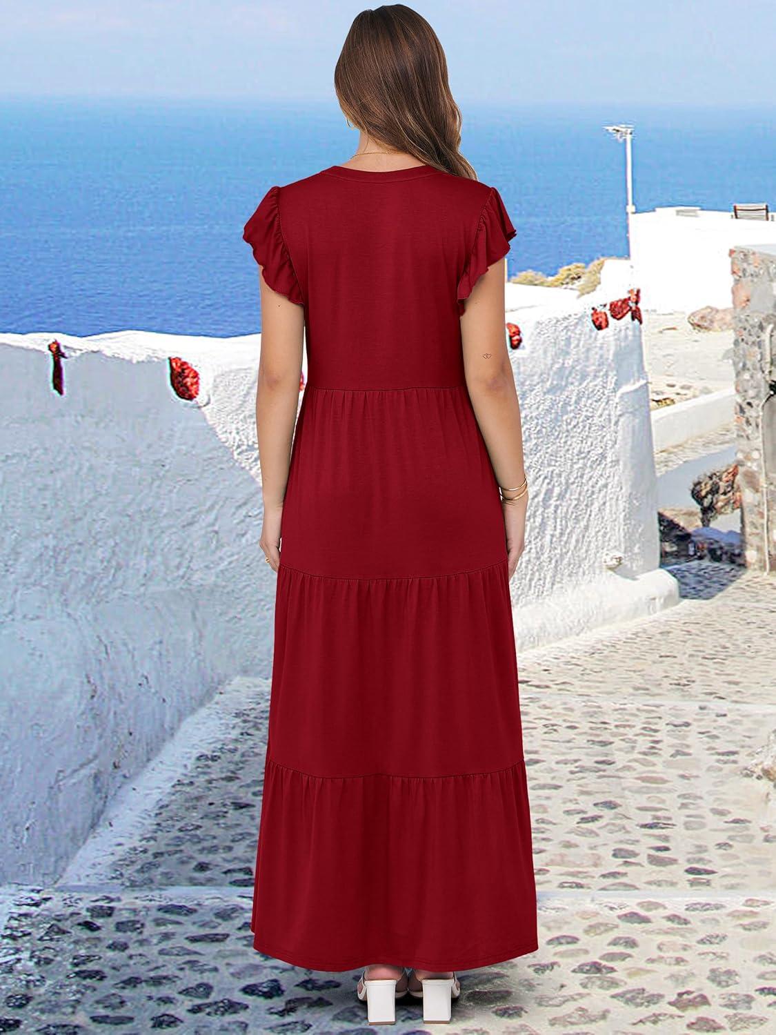imageANRABESS Womens Summer Casual Maxi Dress V Neck Ruffle Sleeve Long Dresses Fashion Flowy Tiered Boho Beach Vacation SundressWine Red