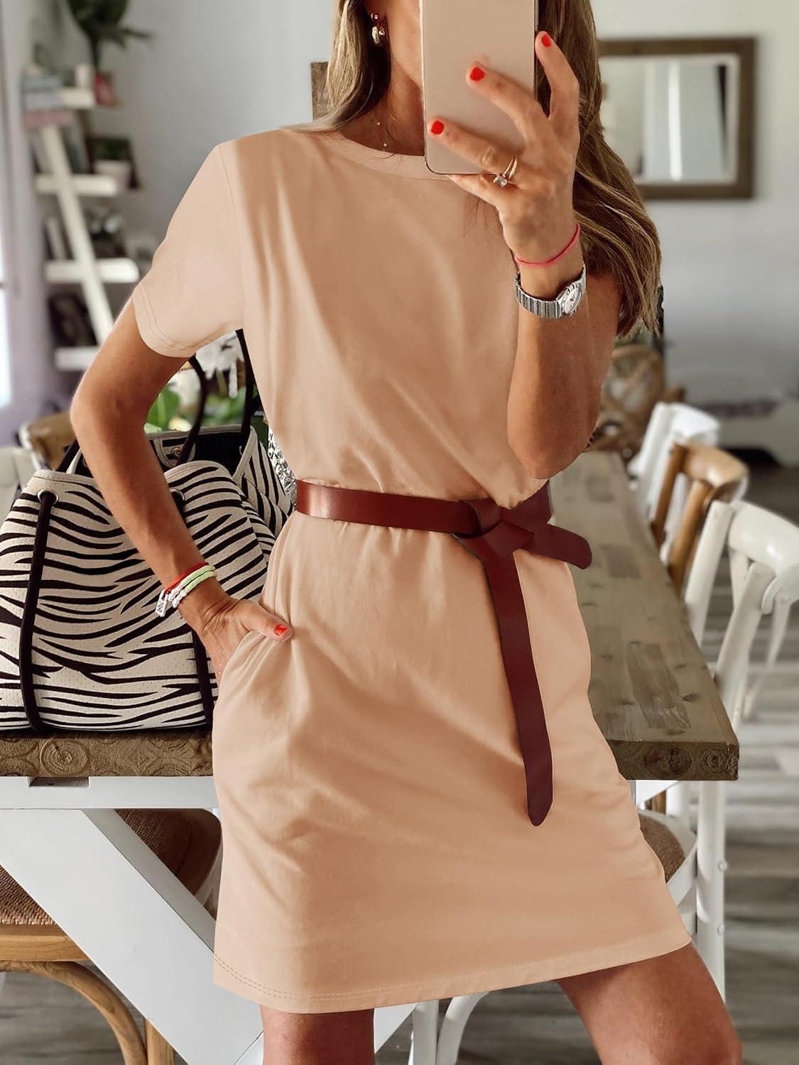 imageANRABESS Womens Summer Casual T Shirt Dresses Short Sleeve Crewneck Striped Mini Shift Dress 2025 Beach Vacation OutfitsLight Khaki Beige