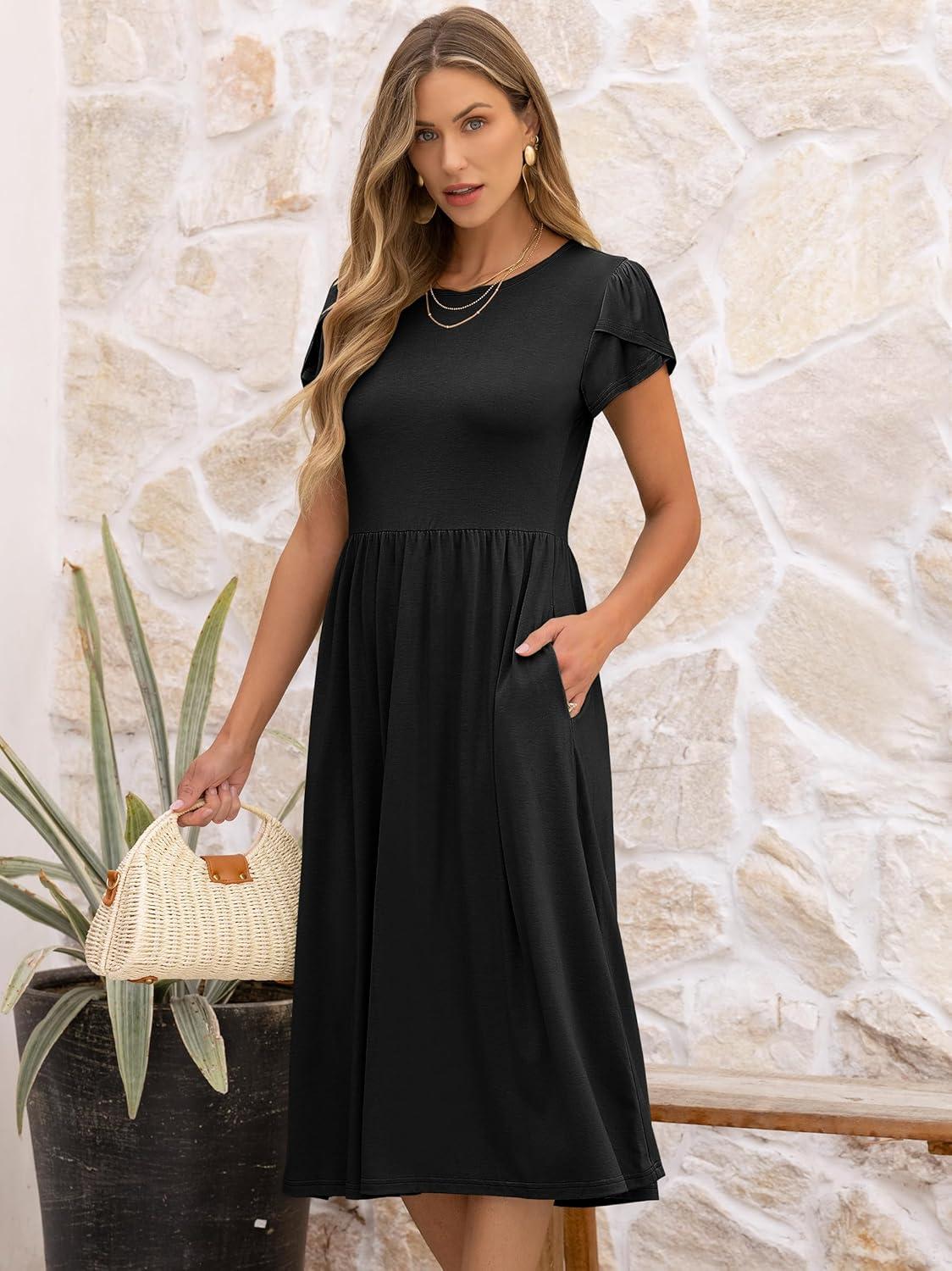 imageANRABESS Womens Summer Short Sleeve ALine Midi Dresses Casual Floral TShirt Dresses Flowy Beach Sundress with PocketsBlack