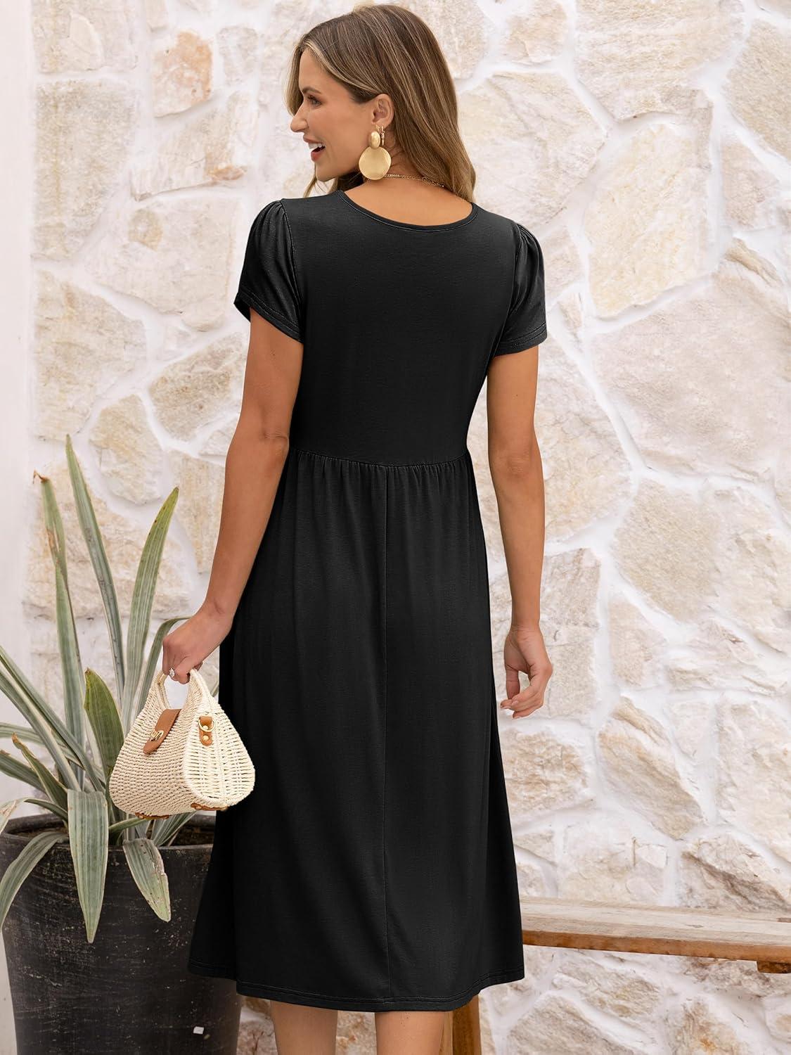 imageANRABESS Womens Summer Short Sleeve ALine Midi Dresses Casual Floral TShirt Dresses Flowy Beach Sundress with PocketsBlack