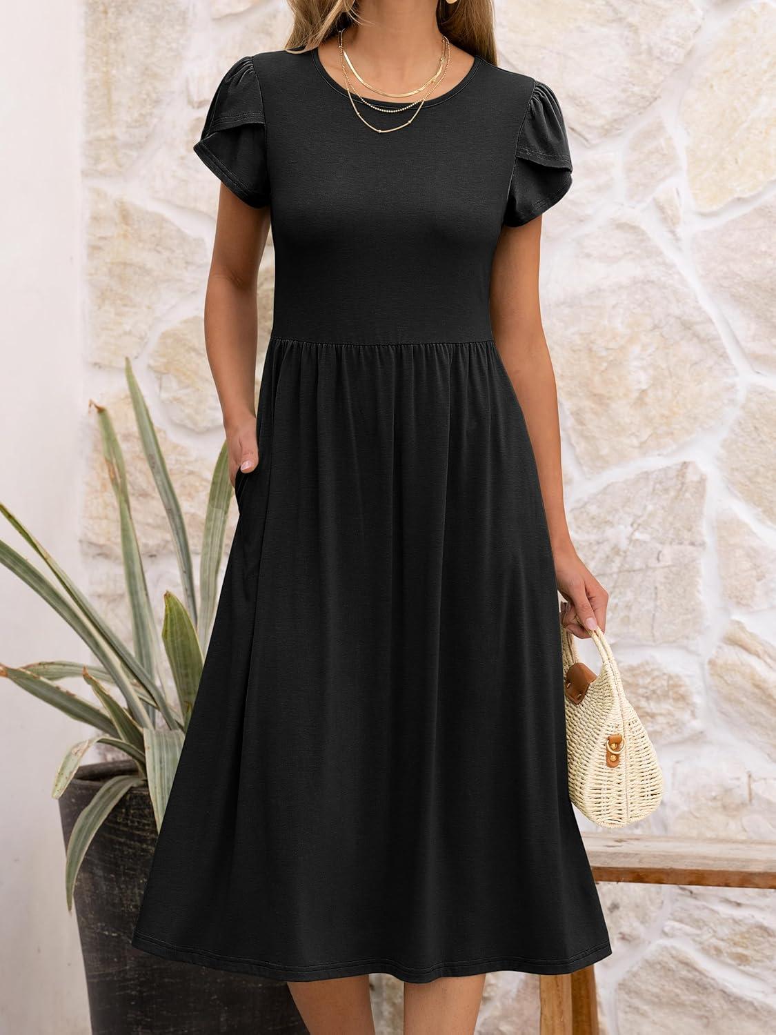 imageANRABESS Womens Summer Short Sleeve ALine Midi Dresses Casual Floral TShirt Dresses Flowy Beach Sundress with PocketsBlack