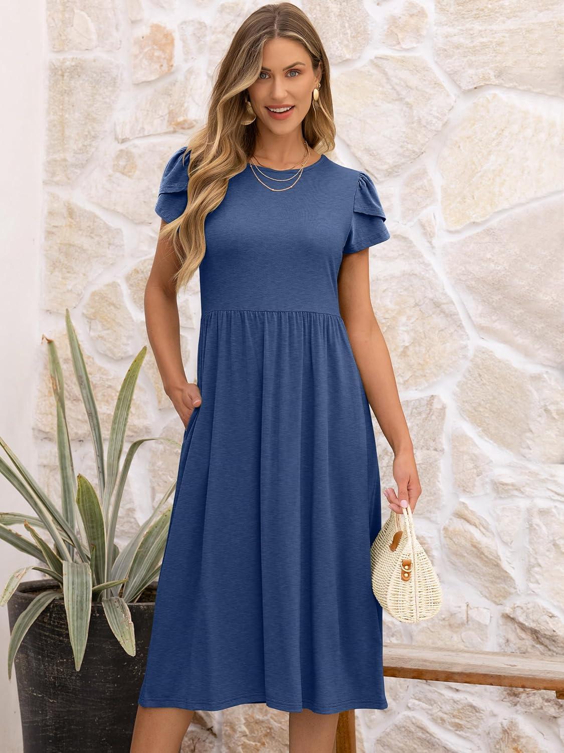 imageANRABESS Womens Summer Short Sleeve ALine Midi Dresses Casual Floral TShirt Dresses Flowy Beach Sundress with PocketsBlue