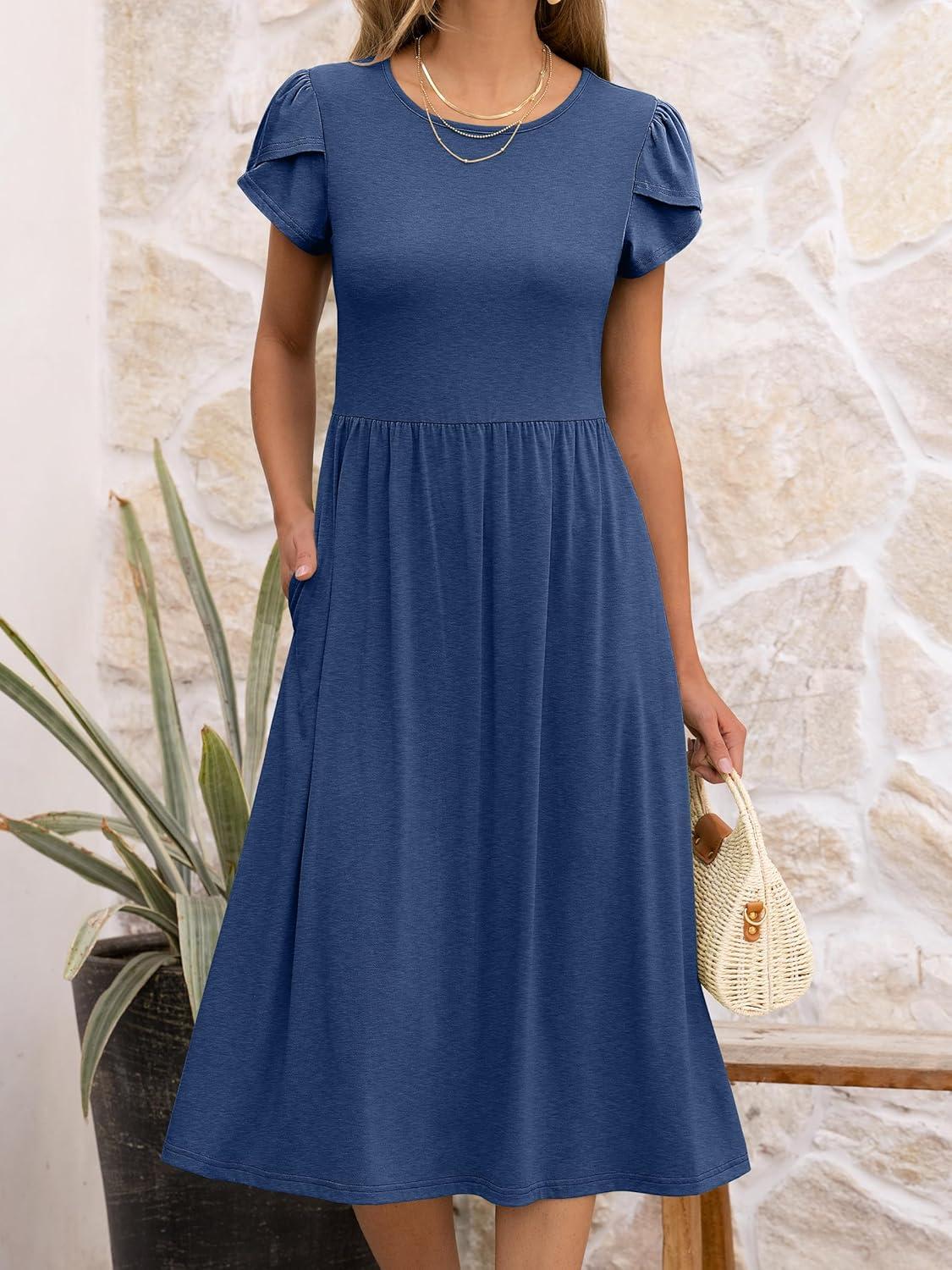 imageANRABESS Womens Summer Short Sleeve ALine Midi Dresses Casual Floral TShirt Dresses Flowy Beach Sundress with PocketsBlue