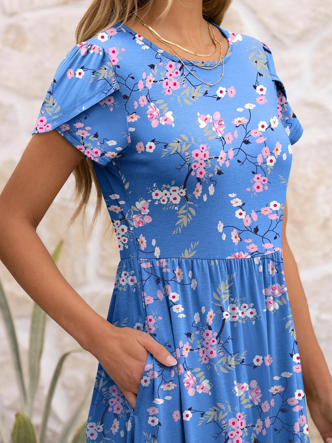 imageANRABESS Womens Summer Short Sleeve ALine Midi Dresses Casual Floral TShirt Dresses Flowy Beach Sundress with PocketsBlue Pink Flower