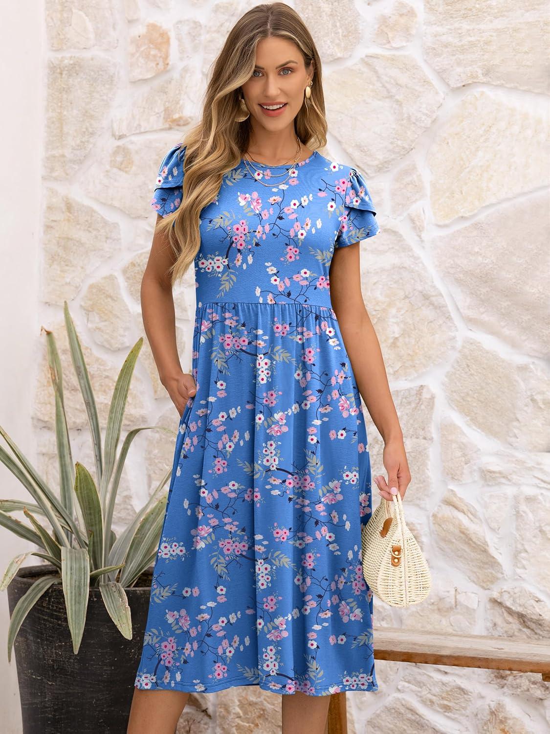 imageANRABESS Womens Summer Short Sleeve ALine Midi Dresses Casual Floral TShirt Dresses Flowy Beach Sundress with PocketsBlue Pink Flower