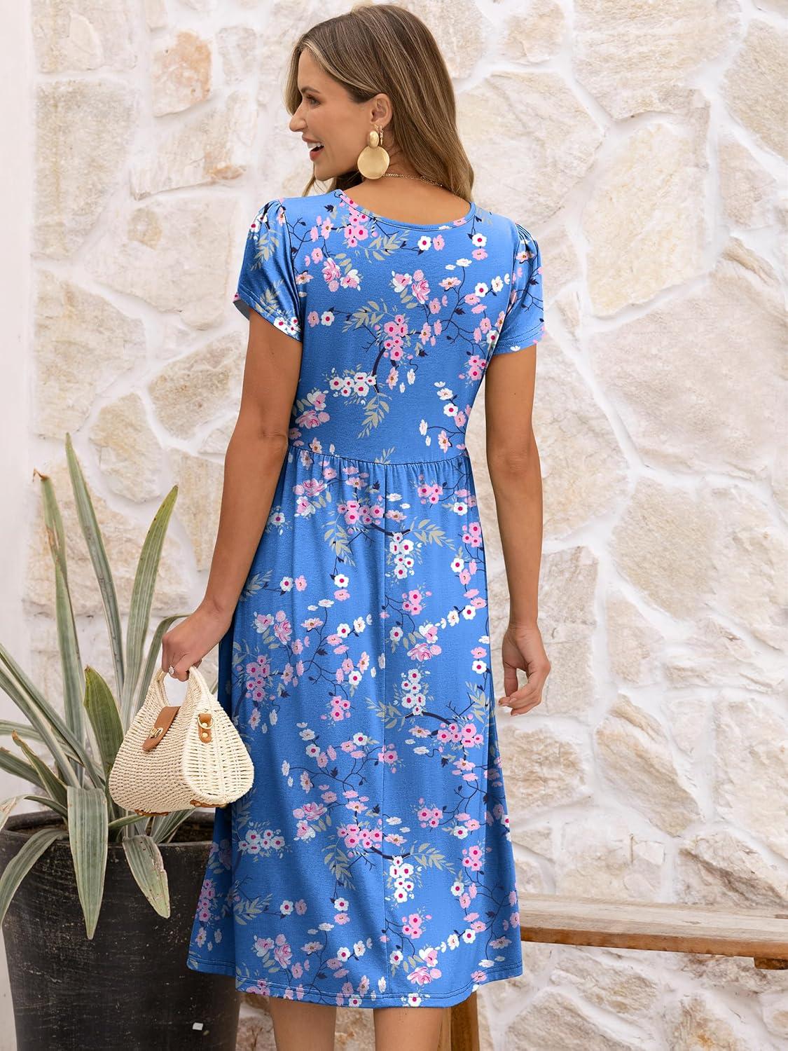 imageANRABESS Womens Summer Short Sleeve ALine Midi Dresses Casual Floral TShirt Dresses Flowy Beach Sundress with PocketsBlue Pink Flower