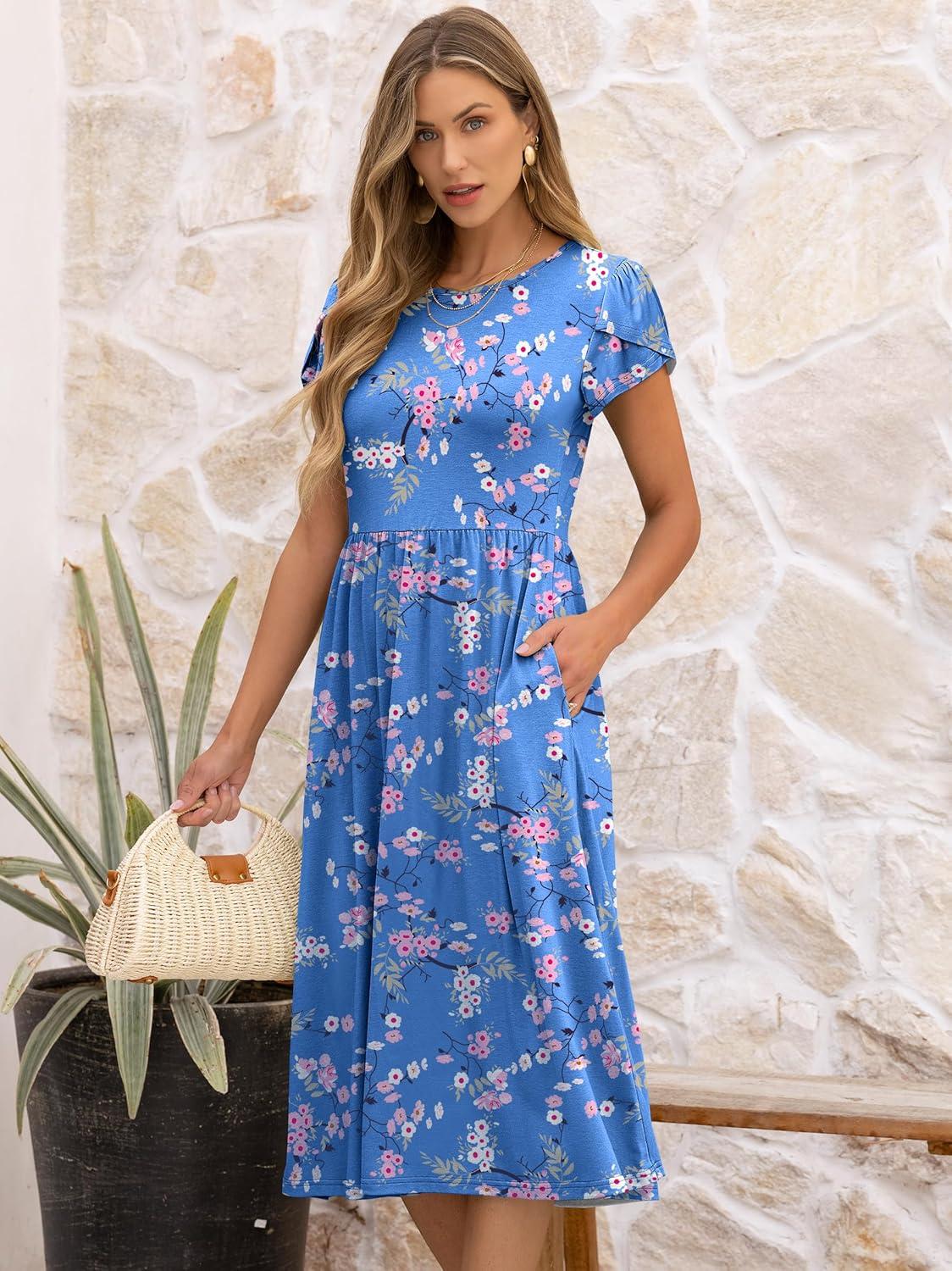 imageANRABESS Womens Summer Short Sleeve ALine Midi Dresses Casual Floral TShirt Dresses Flowy Beach Sundress with PocketsBlue Pink Flower