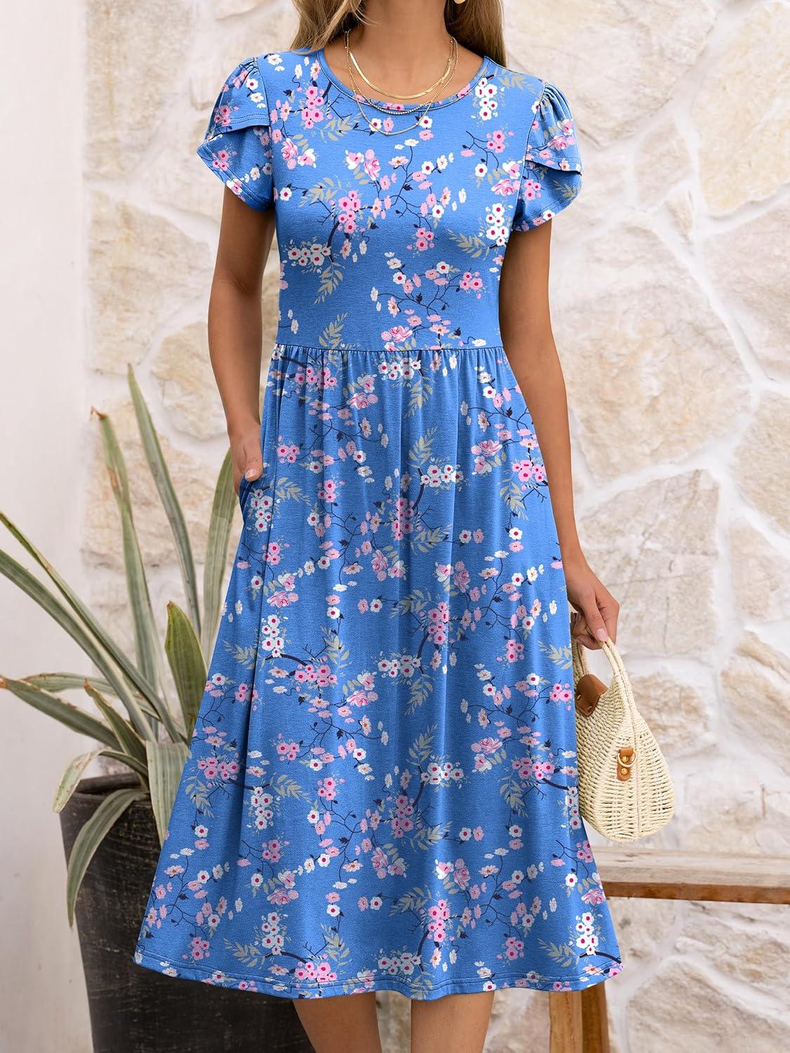 imageANRABESS Womens Summer Short Sleeve ALine Midi Dresses Casual Floral TShirt Dresses Flowy Beach Sundress with PocketsBlue Pink Flower