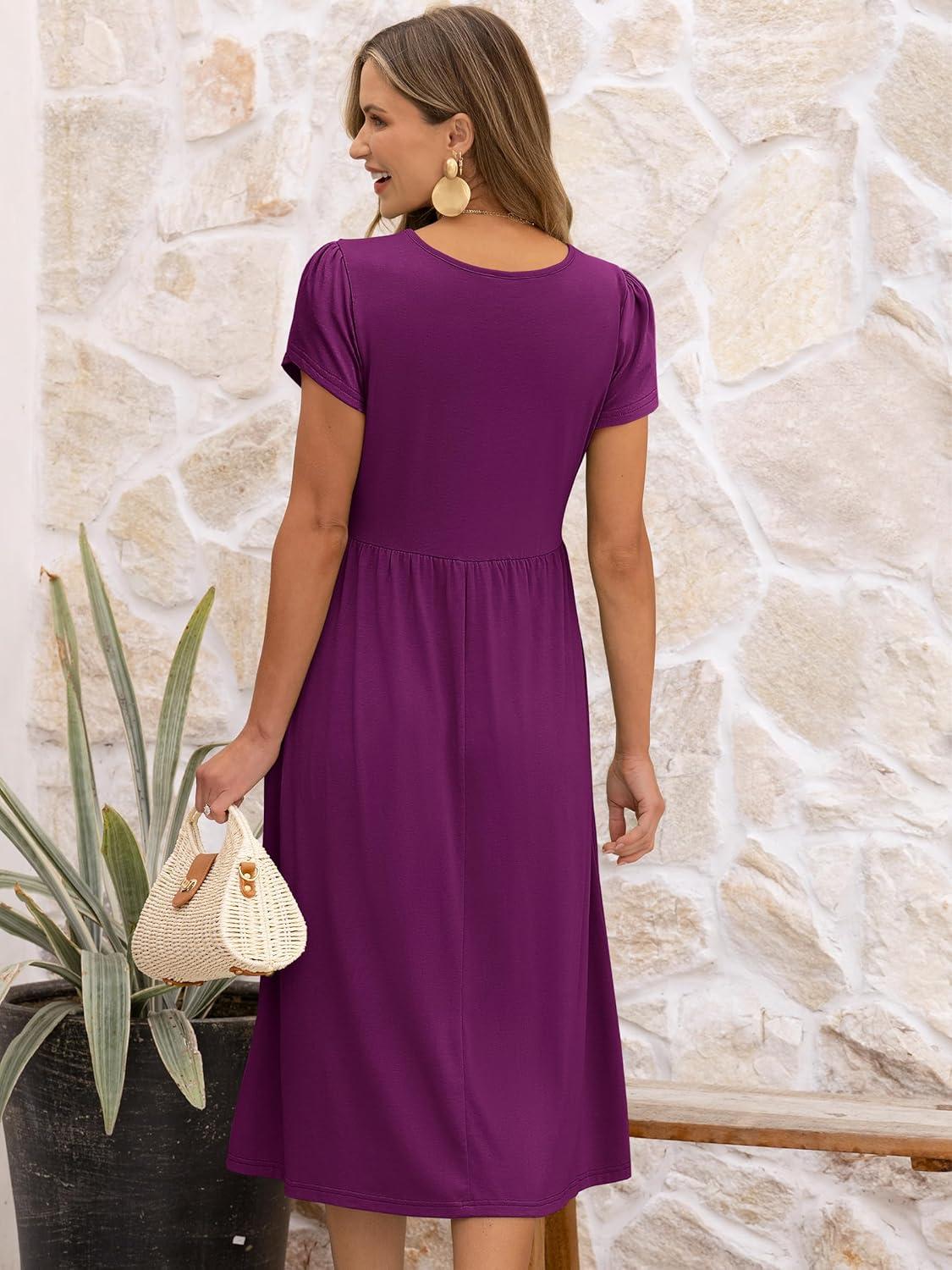 imageANRABESS Womens Summer Short Sleeve ALine Midi Dresses Casual Floral TShirt Dresses Flowy Beach Sundress with PocketsDark Purple