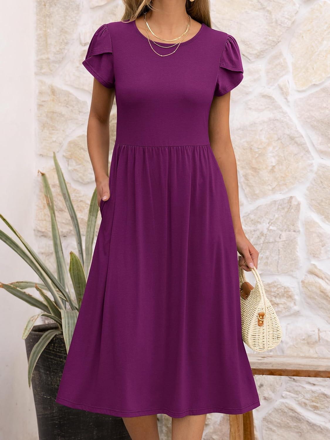 imageANRABESS Womens Summer Short Sleeve ALine Midi Dresses Casual Floral TShirt Dresses Flowy Beach Sundress with PocketsDark Purple