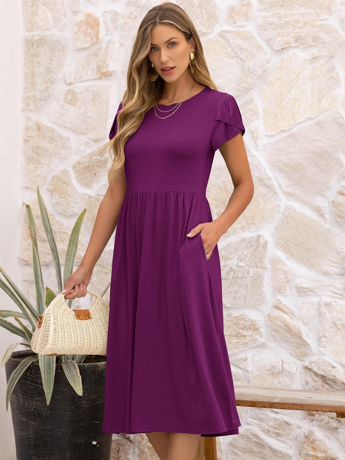 imageANRABESS Womens Summer Short Sleeve ALine Midi Dresses Casual Floral TShirt Dresses Flowy Beach Sundress with PocketsDark Purple