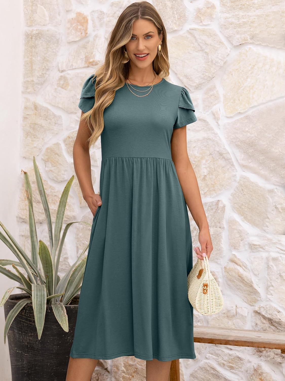 imageANRABESS Womens Summer Short Sleeve ALine Midi Dresses Casual Floral TShirt Dresses Flowy Beach Sundress with PocketsGreen