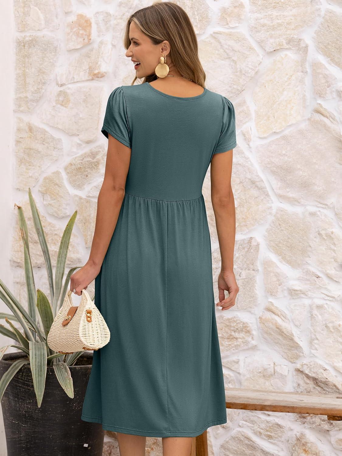 imageANRABESS Womens Summer Short Sleeve ALine Midi Dresses Casual Floral TShirt Dresses Flowy Beach Sundress with PocketsGreen