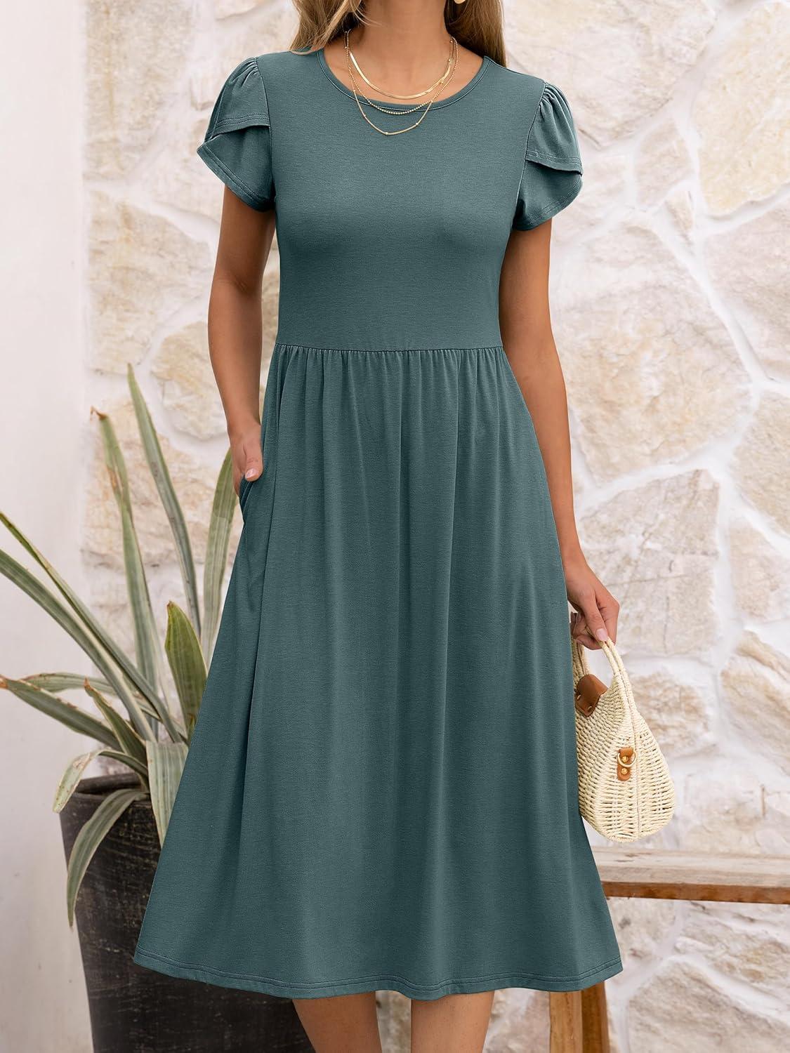 imageANRABESS Womens Summer Short Sleeve ALine Midi Dresses Casual Floral TShirt Dresses Flowy Beach Sundress with PocketsGreen