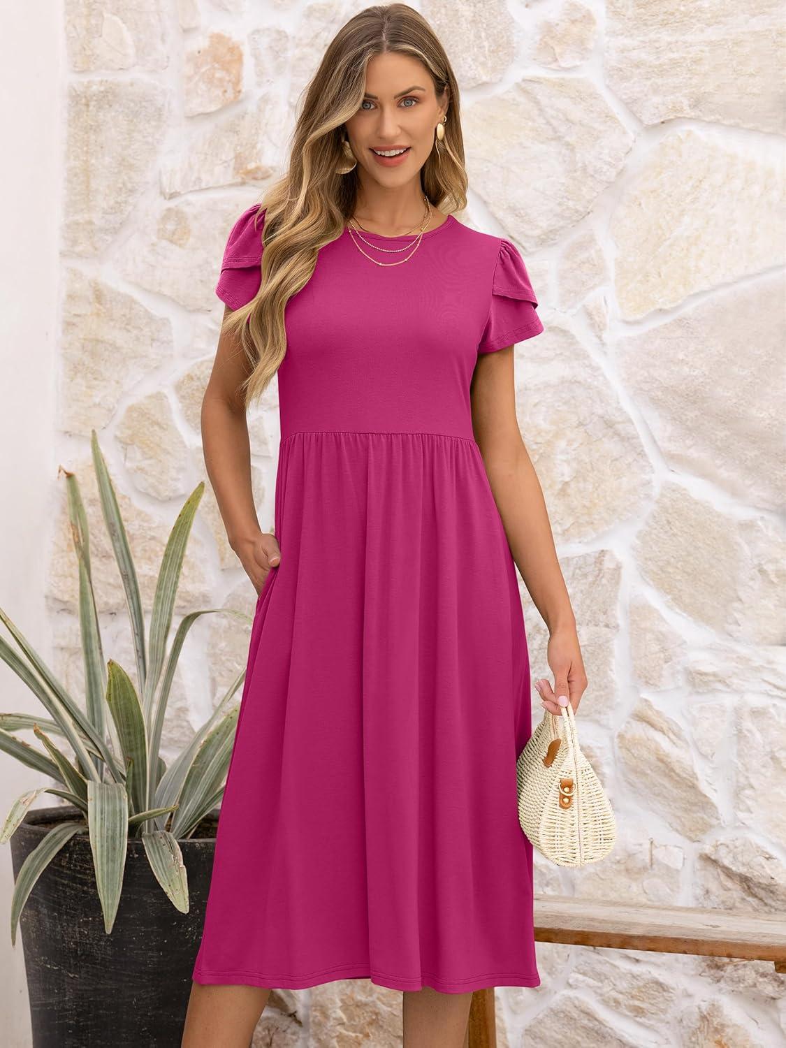 imageANRABESS Womens Summer Short Sleeve ALine Midi Dresses Casual Floral TShirt Dresses Flowy Beach Sundress with PocketsHot Pink