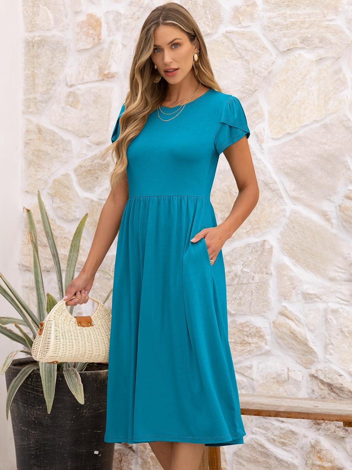 imageANRABESS Womens Summer Short Sleeve ALine Midi Dresses Casual Floral TShirt Dresses Flowy Beach Sundress with PocketsLake