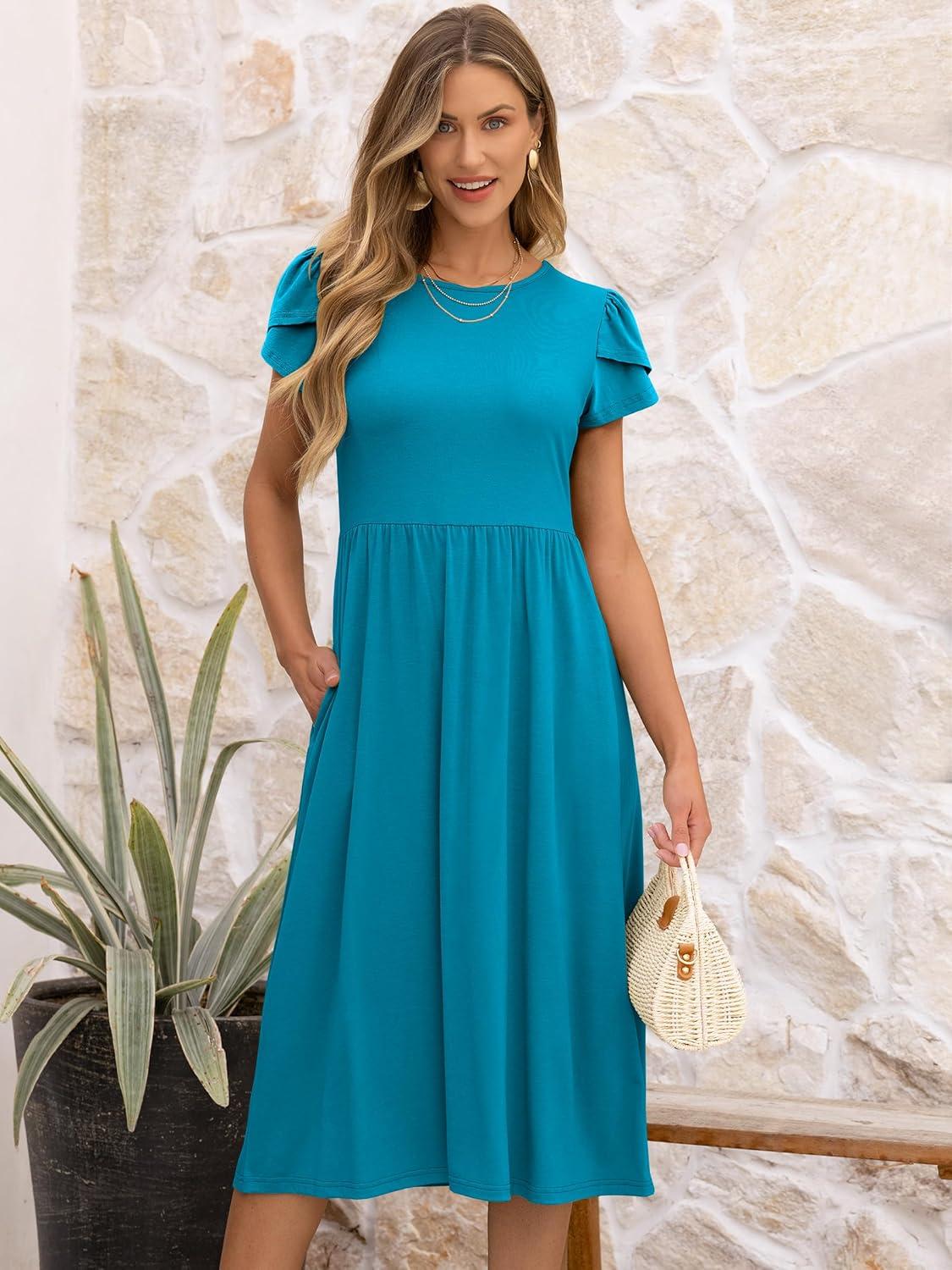 imageANRABESS Womens Summer Short Sleeve ALine Midi Dresses Casual Floral TShirt Dresses Flowy Beach Sundress with PocketsLake