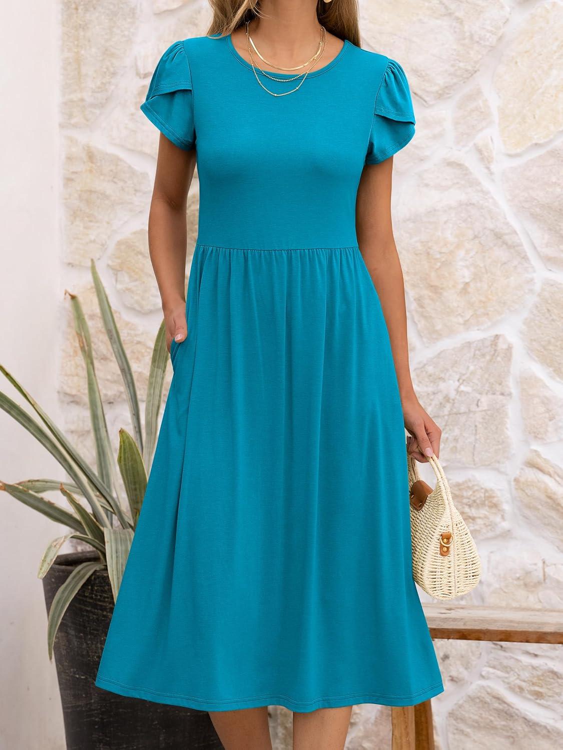 imageANRABESS Womens Summer Short Sleeve ALine Midi Dresses Casual Floral TShirt Dresses Flowy Beach Sundress with PocketsLake