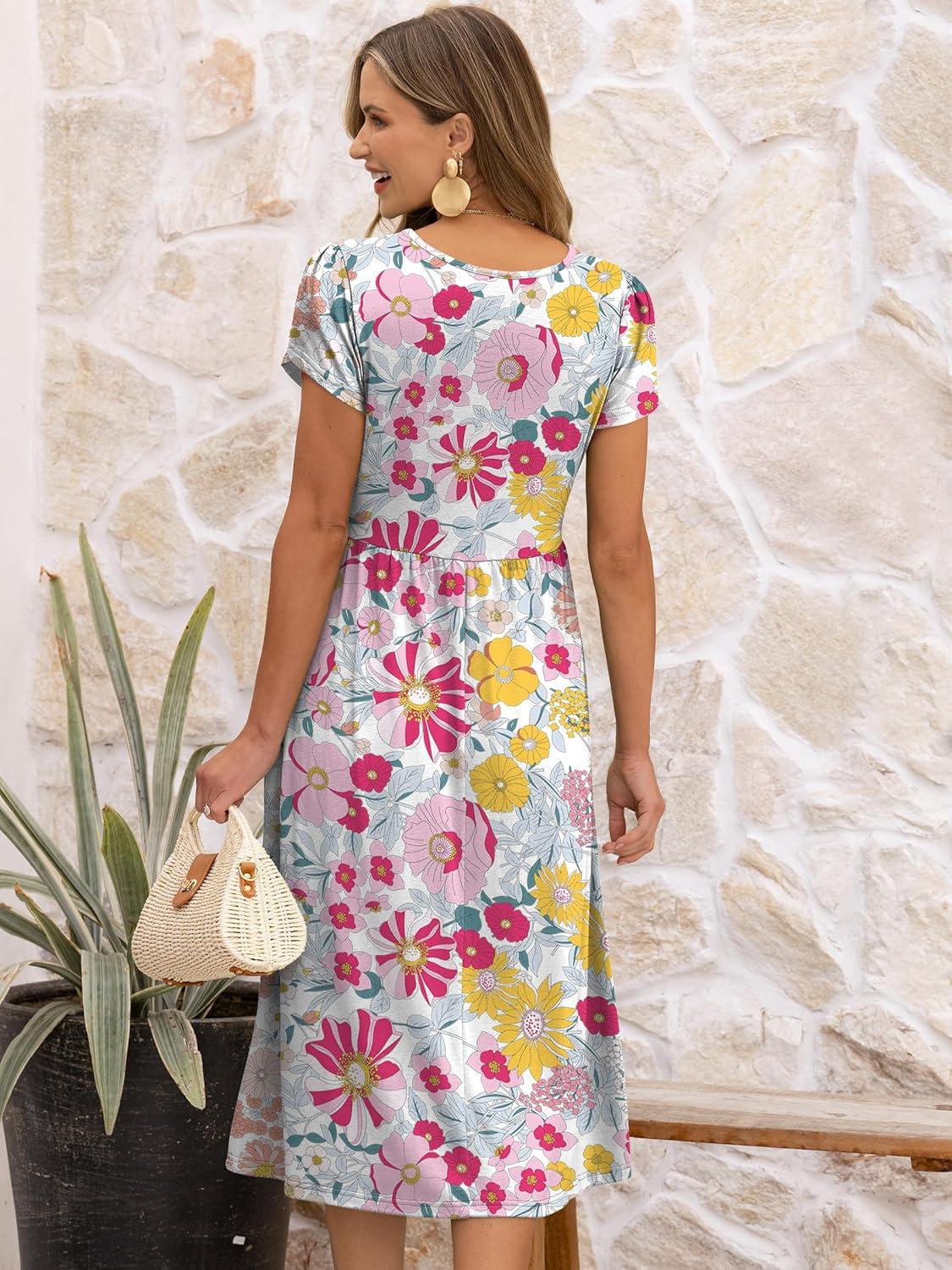 imageANRABESS Womens Summer Short Sleeve ALine Midi Dresses Casual Floral TShirt Dresses Flowy Beach Sundress with PocketsMulticolour Floral