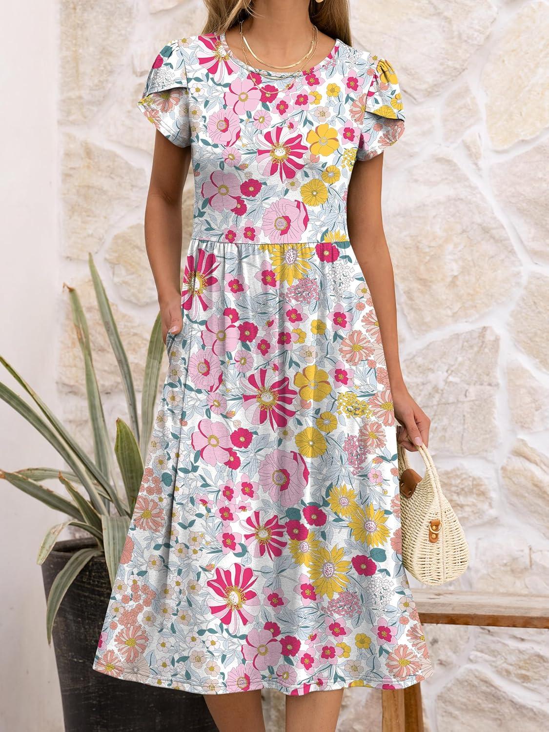 imageANRABESS Womens Summer Short Sleeve ALine Midi Dresses Casual Floral TShirt Dresses Flowy Beach Sundress with PocketsMulticolour Floral