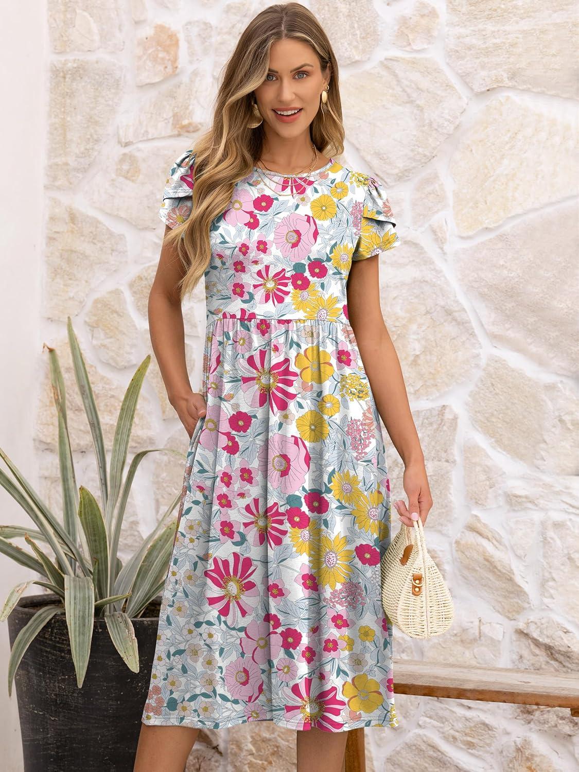 imageANRABESS Womens Summer Short Sleeve ALine Midi Dresses Casual Floral TShirt Dresses Flowy Beach Sundress with PocketsMulticolour Floral