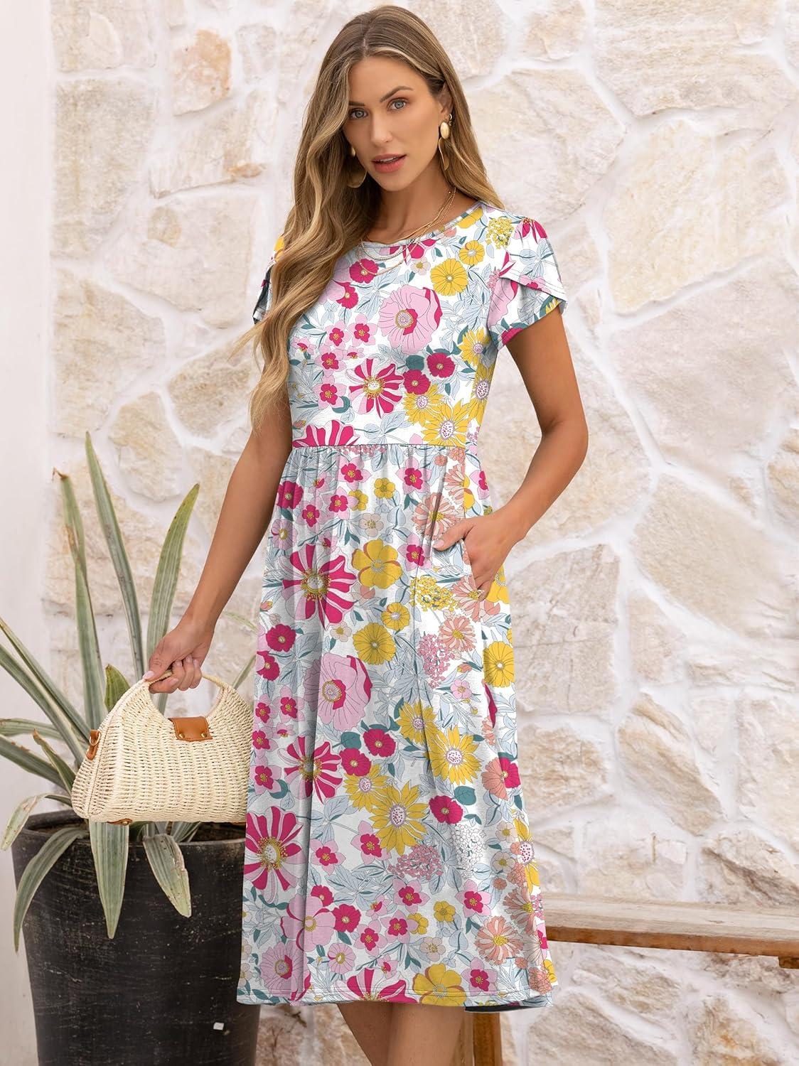imageANRABESS Womens Summer Short Sleeve ALine Midi Dresses Casual Floral TShirt Dresses Flowy Beach Sundress with PocketsMulticolour Floral