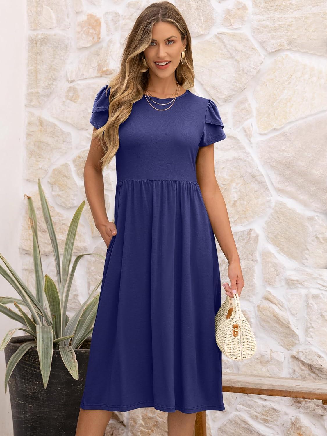 imageANRABESS Womens Summer Short Sleeve ALine Midi Dresses Casual Floral TShirt Dresses Flowy Beach Sundress with PocketsNavy Blue