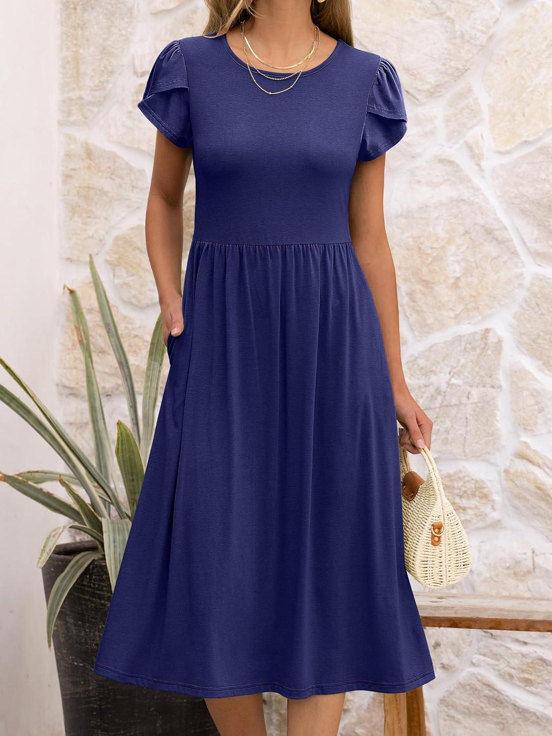 imageANRABESS Womens Summer Short Sleeve ALine Midi Dresses Casual Floral TShirt Dresses Flowy Beach Sundress with PocketsNavy Blue