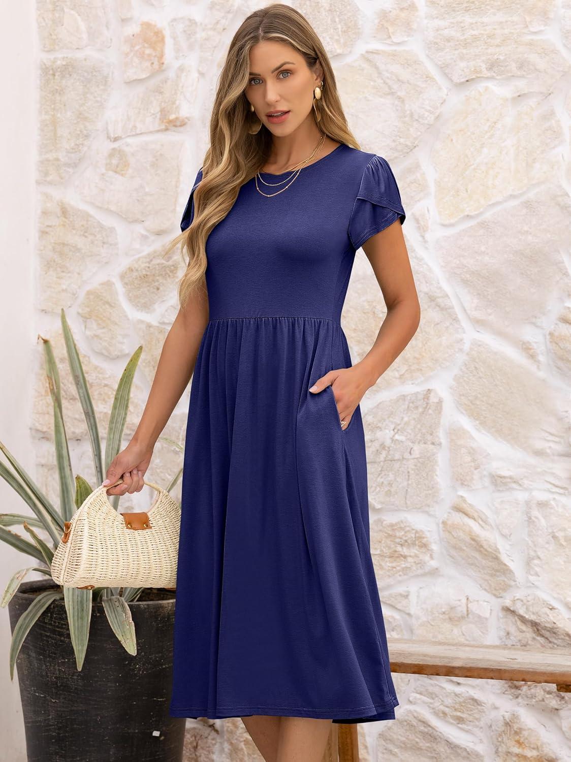 imageANRABESS Womens Summer Short Sleeve ALine Midi Dresses Casual Floral TShirt Dresses Flowy Beach Sundress with PocketsNavy Blue