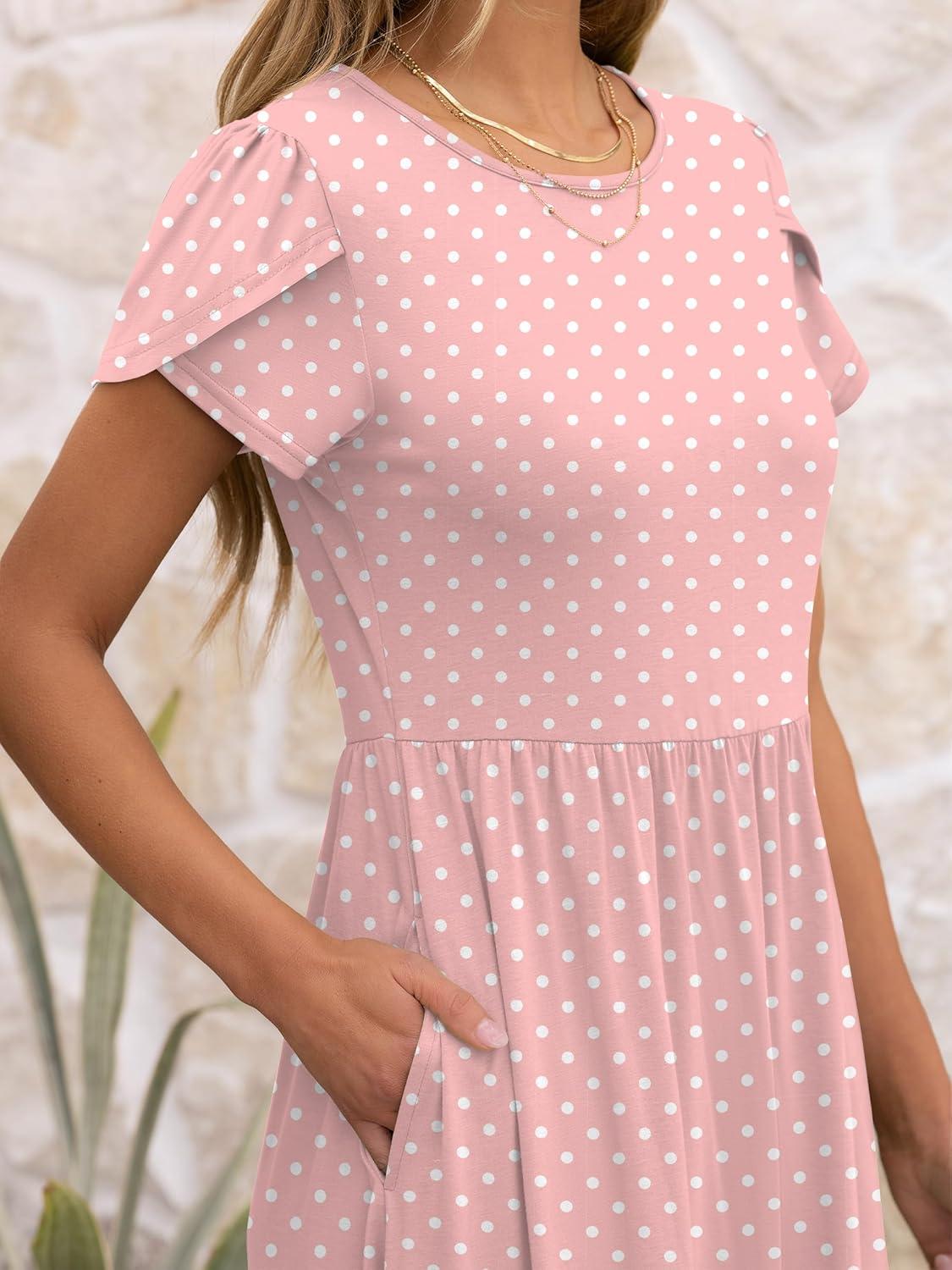 imageANRABESS Womens Summer Short Sleeve ALine Midi Dresses Casual Floral TShirt Dresses Flowy Beach Sundress with PocketsPink Round Dot