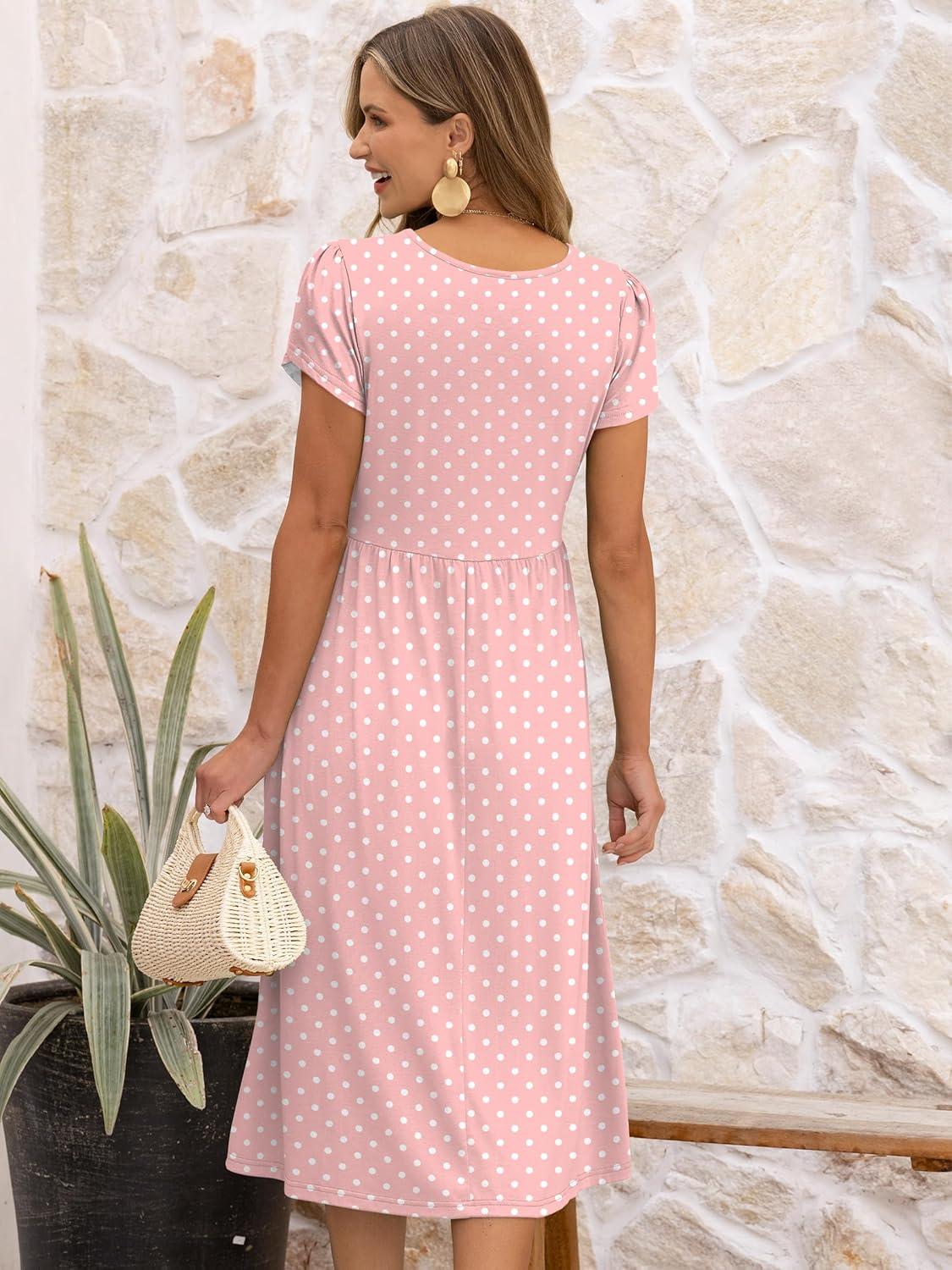 imageANRABESS Womens Summer Short Sleeve ALine Midi Dresses Casual Floral TShirt Dresses Flowy Beach Sundress with PocketsPink Round Dot