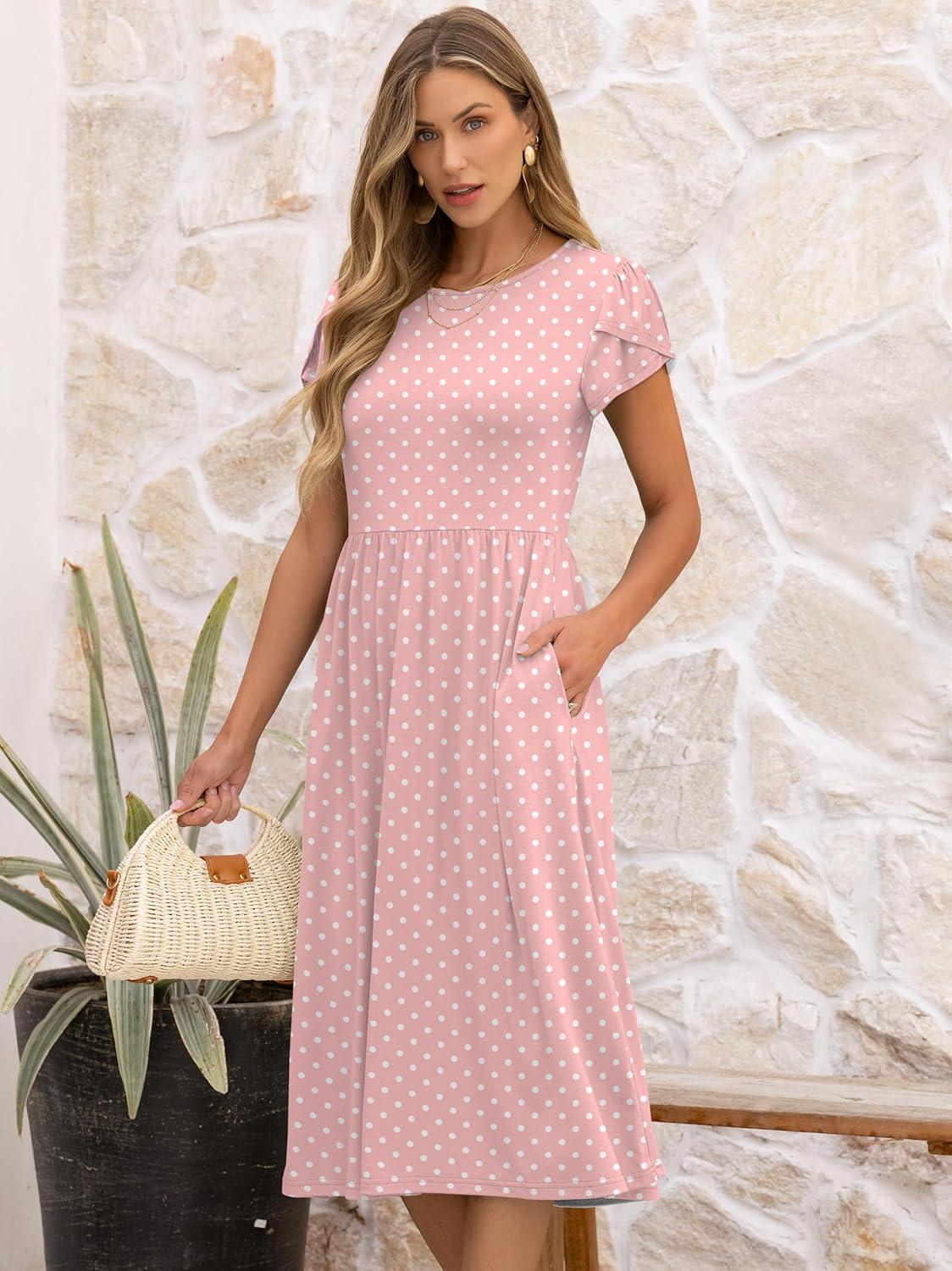 imageANRABESS Womens Summer Short Sleeve ALine Midi Dresses Casual Floral TShirt Dresses Flowy Beach Sundress with PocketsPink Round Dot