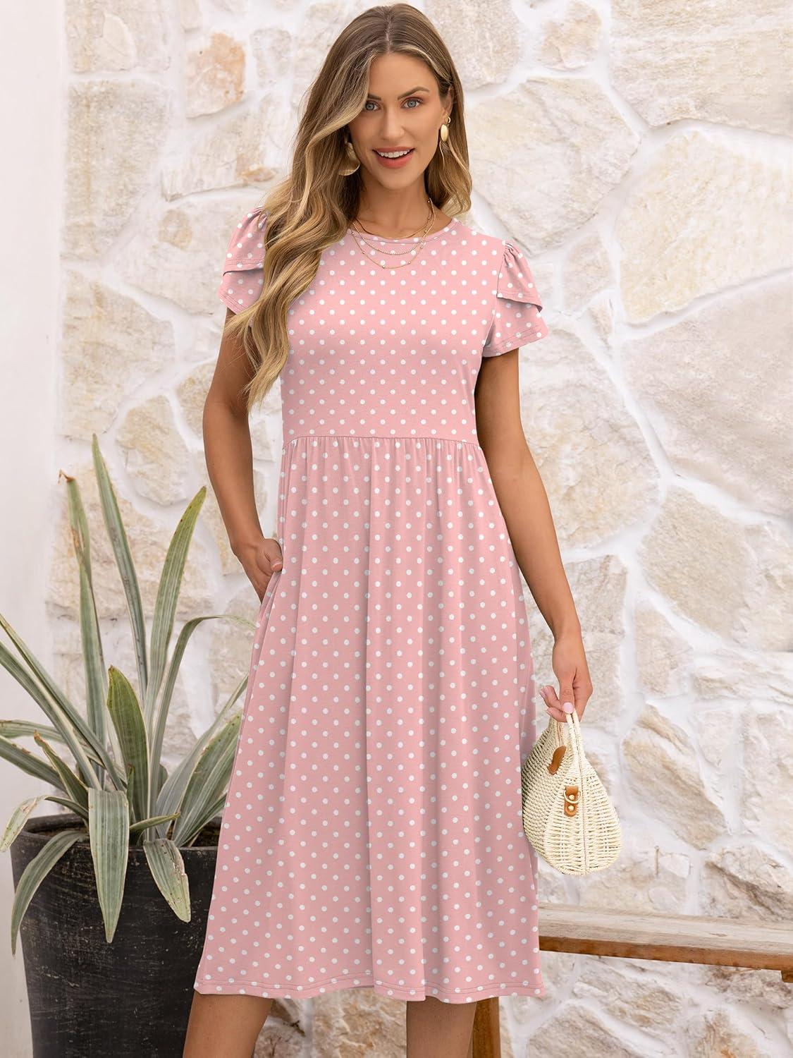 imageANRABESS Womens Summer Short Sleeve ALine Midi Dresses Casual Floral TShirt Dresses Flowy Beach Sundress with PocketsPink Round Dot