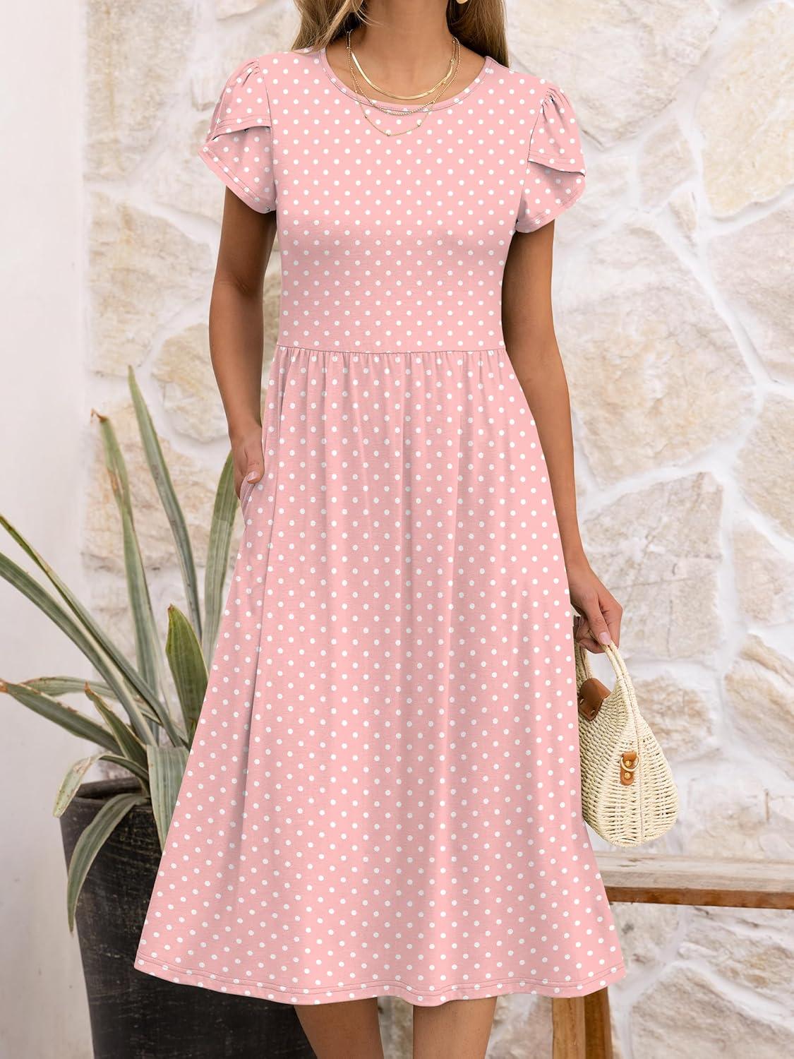 imageANRABESS Womens Summer Short Sleeve ALine Midi Dresses Casual Floral TShirt Dresses Flowy Beach Sundress with PocketsPink Round Dot