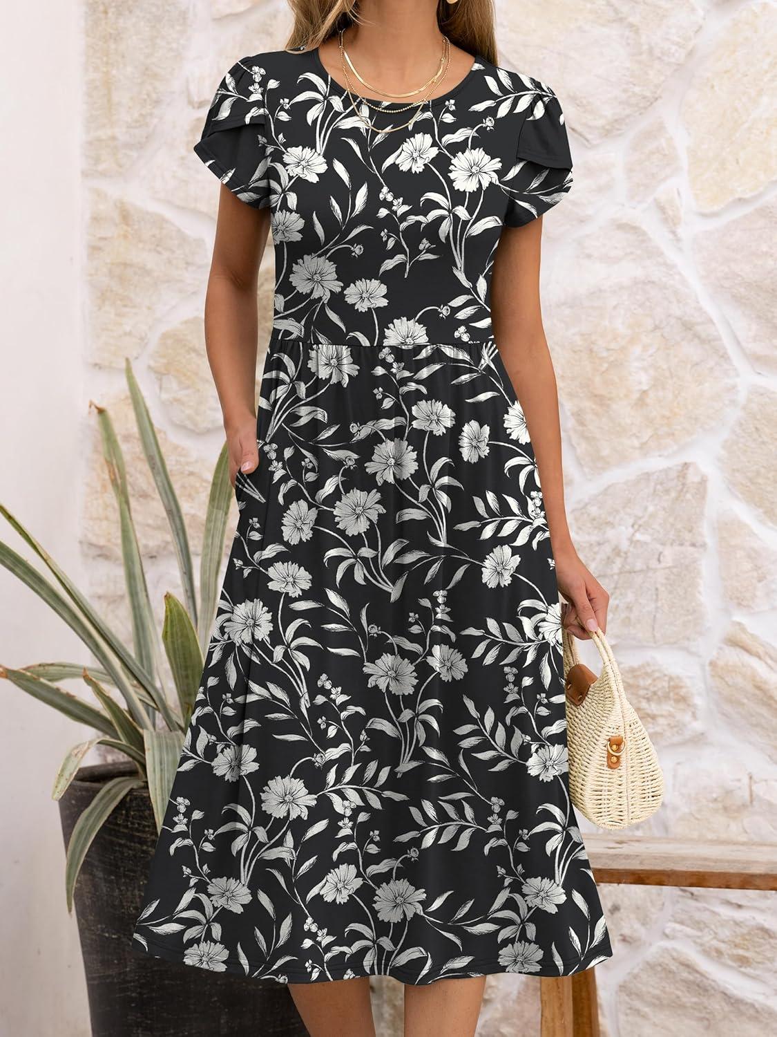 imageANRABESS Womens Summer Short Sleeve ALine Midi Dresses Casual Floral TShirt Dresses Flowy Beach Sundress with PocketsPrint Black Floral