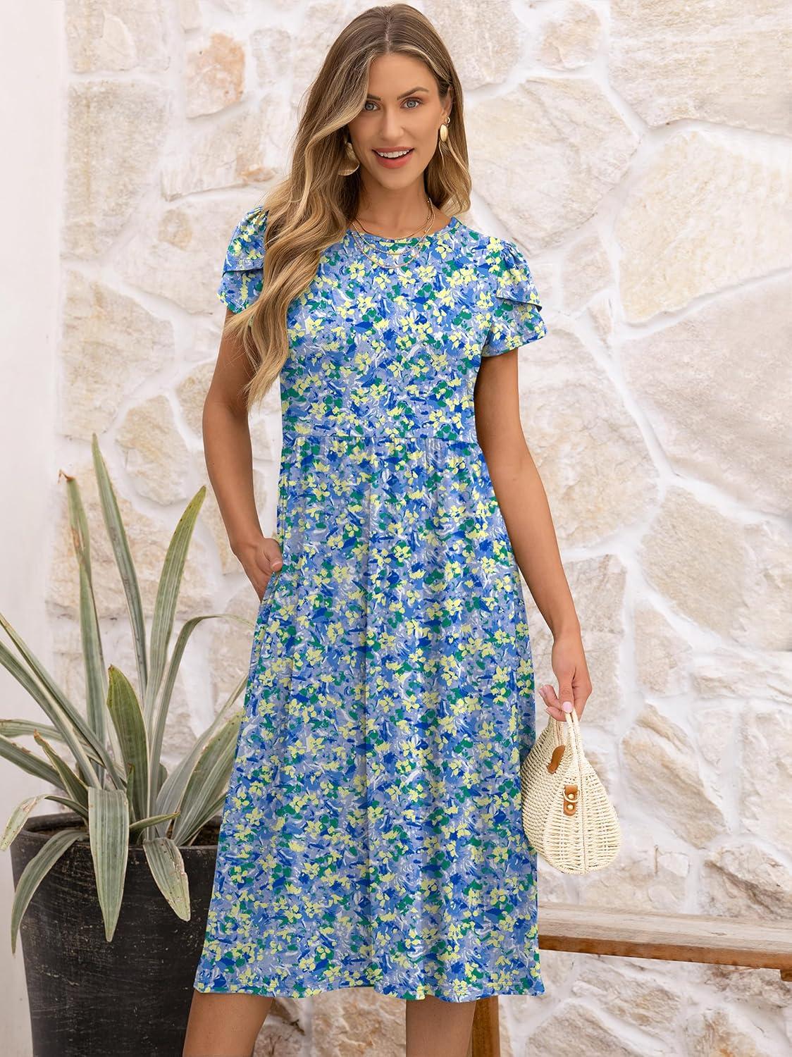 imageANRABESS Womens Summer Short Sleeve ALine Midi Dresses Casual Floral TShirt Dresses Flowy Beach Sundress with PocketsPrint Blue Yellow Floral